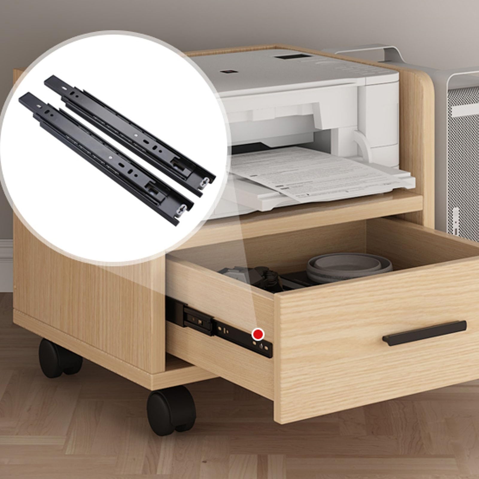 Soporte para impresora móvil, mesa de impresora rodante debajo del escritorio con ruedas y cajón, carrito de impresora multifuncional para escáner y fax, blanco, 68 x 40 x 45 cm