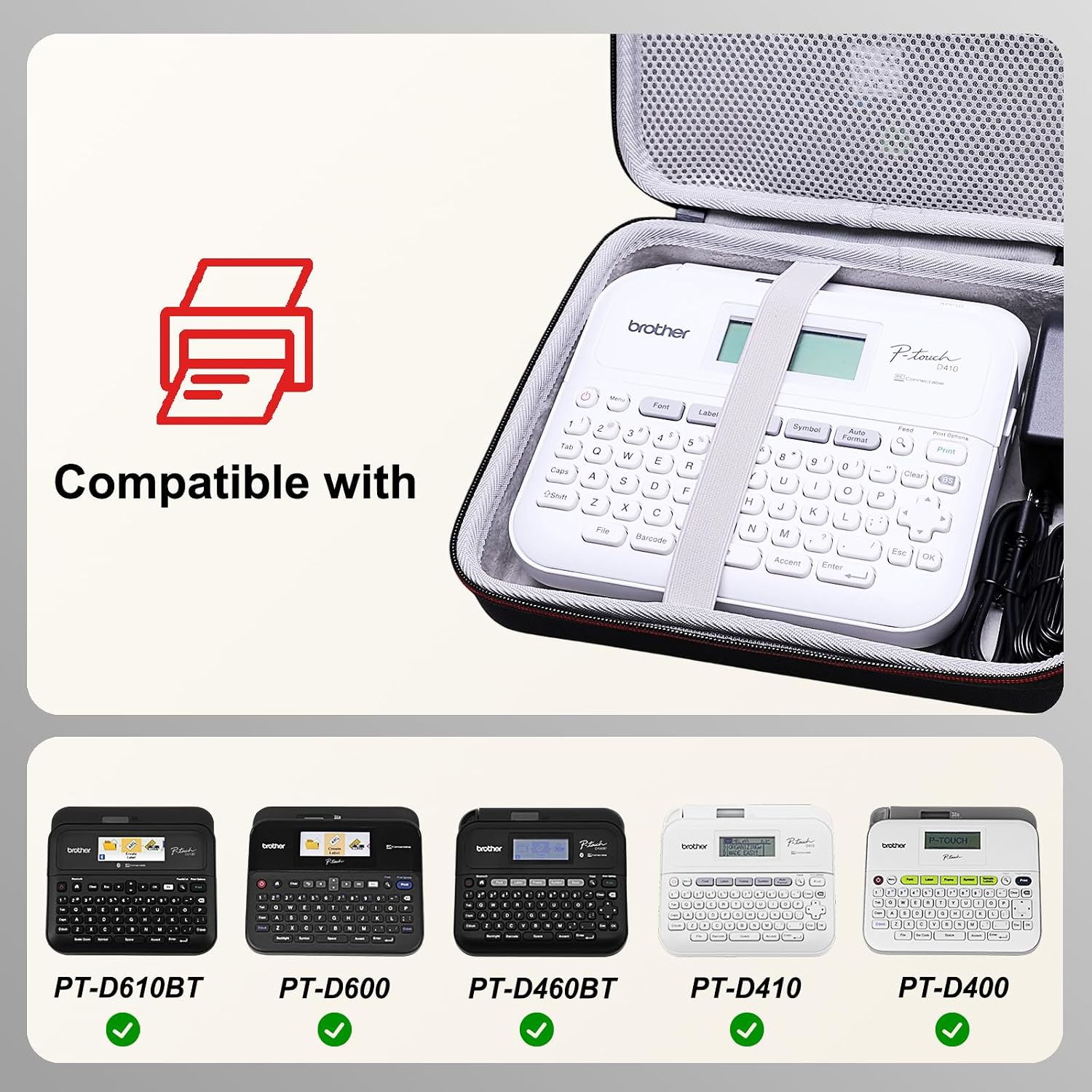 LTGEM Case Compatible with Brother P-touch PT-D610BT/PT-D410/PT-D460BT/PTD600/PTD400AD Business Professional Connected Label Maker, Universal Office Travel Carrying Storage Bag - Black+Gray(Case Only)