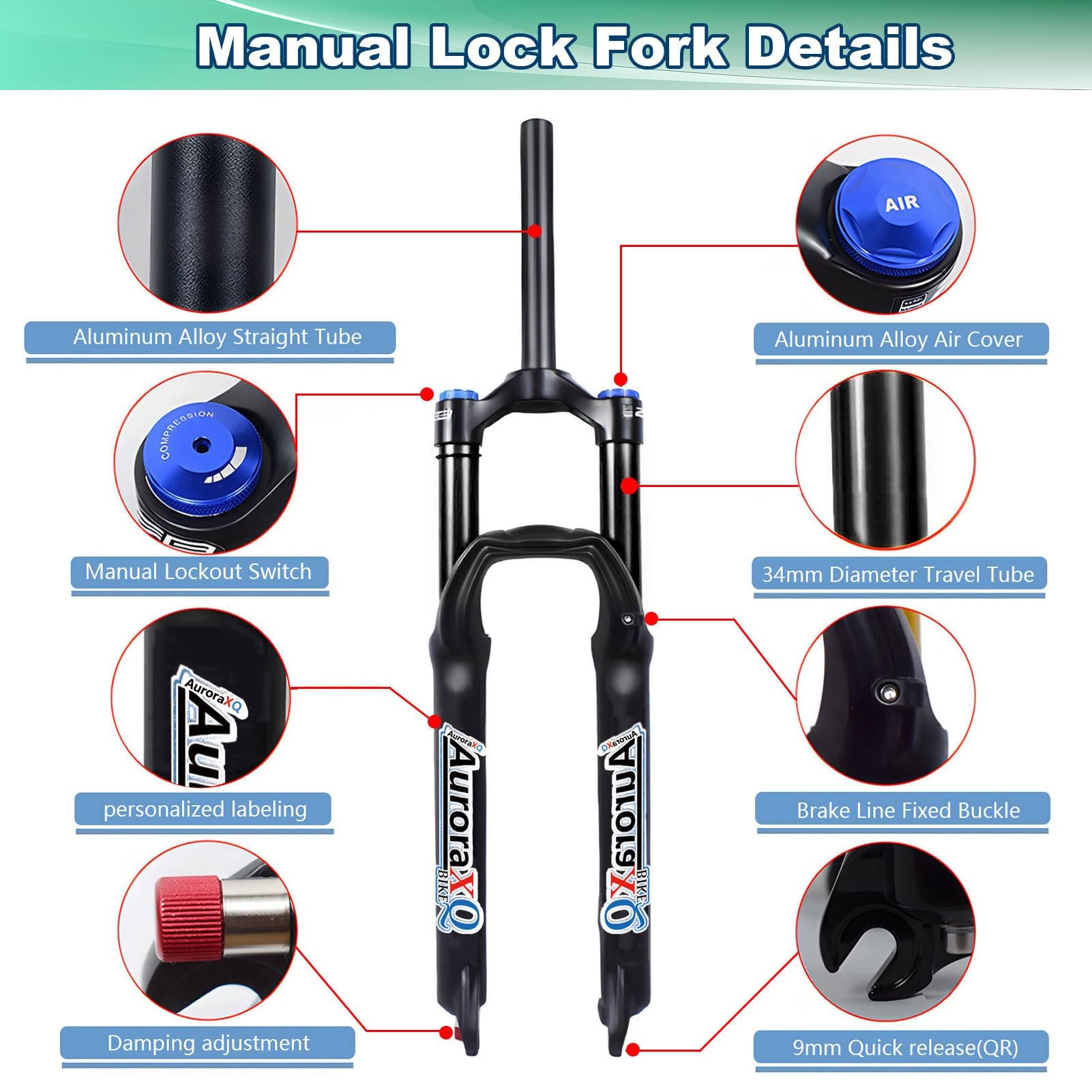 Forcella Anteriore AuroraXQ per Bici da 26/27,5/29 Pollici, Escursione 160 mm, Dritta/conica, Regolazione del Ritorno da 1-1/8", sgancio rapido QR da 9 mm, Sospensione per Mountain