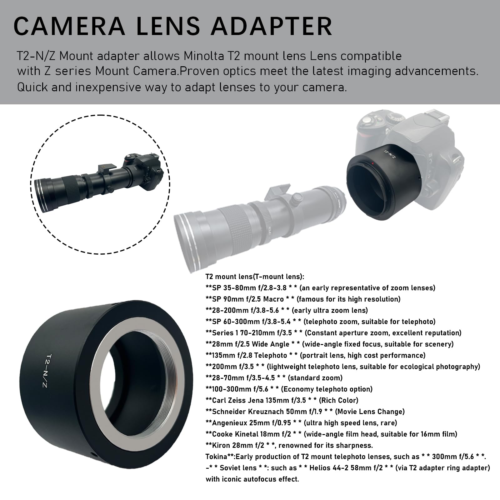 T2-Niko Z-Adattatore per obiettivo con filettatura T-Mount T2,compatibile con Nik Z7 e Z6 senza specchio,adattatore T2 to Niko Z Lens