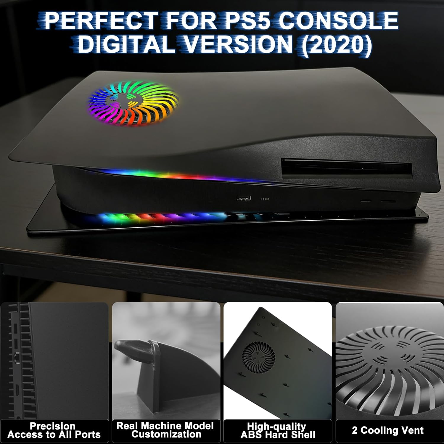 2020 PS5 Console Cover Plates for PS5 Disc Edition with Vent & RGB LED Light Strip Accessories, Replacement Shell ABS Hard Anti-Scratch Dustproof Protective Skin Faceplate for PlayStation 5, Black