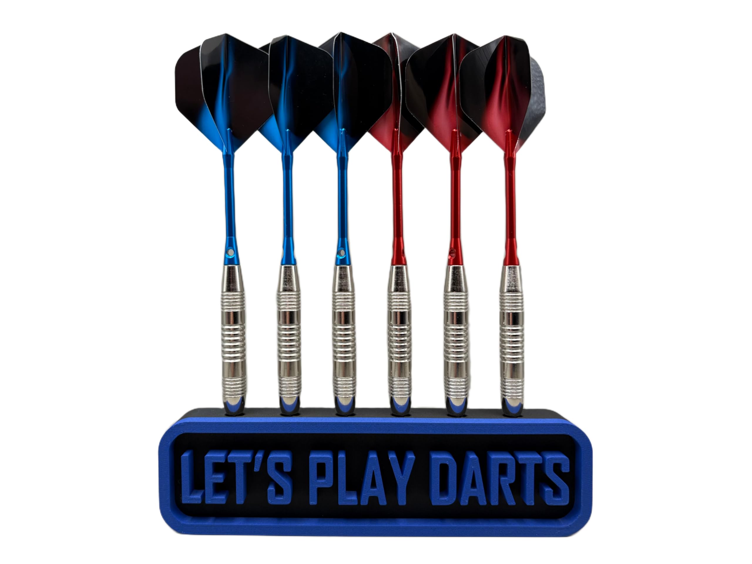 Manio 3DP Dart Holder for 6 Darts “Let’s Play Darts” – Wall Mounted or Freestanding Dart Stand, 3D Printed PLA CF, Matte Finish – Screws & Wall Plugs Included (Black/Blue)