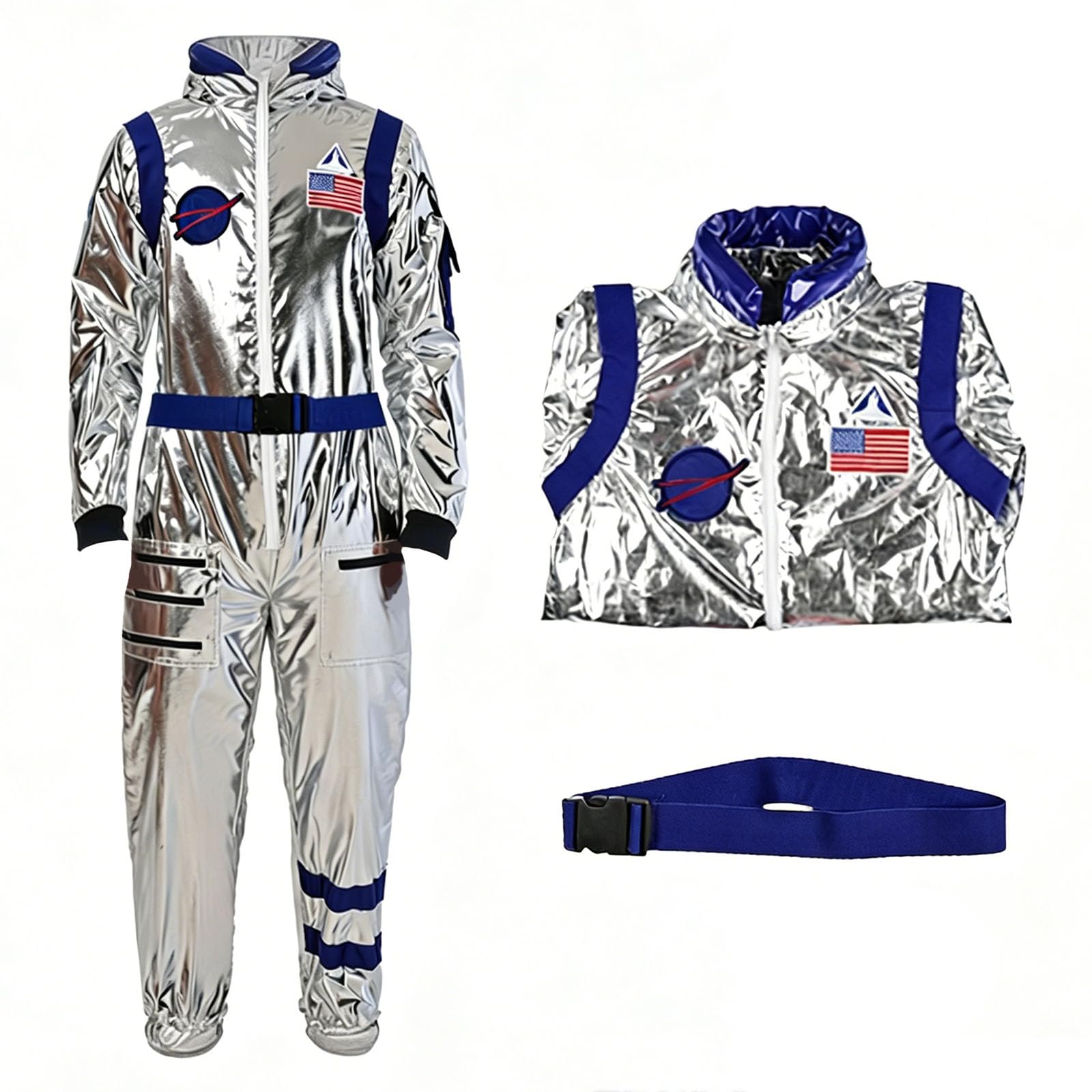 Adult Astronaut Cosplay Costume Zipper Silver Shiny Astronauts Jumpsuit with Belt for Halloween Party Men Women Silver X-Large