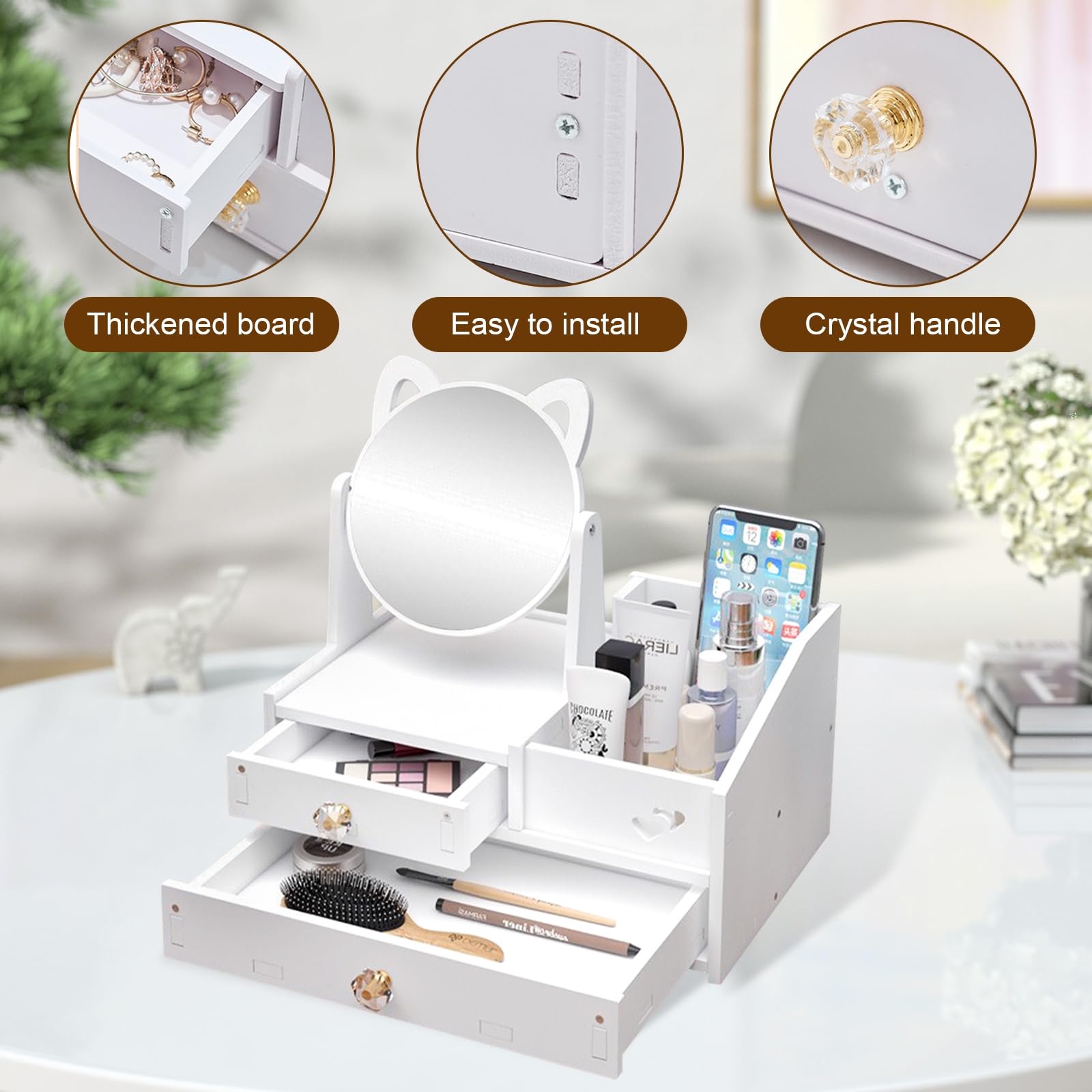 SAVOSWEET Makeup Organizer with Mirror and Drawers, Cosmetic Organizer for Toiletry White, 1 - Image 3