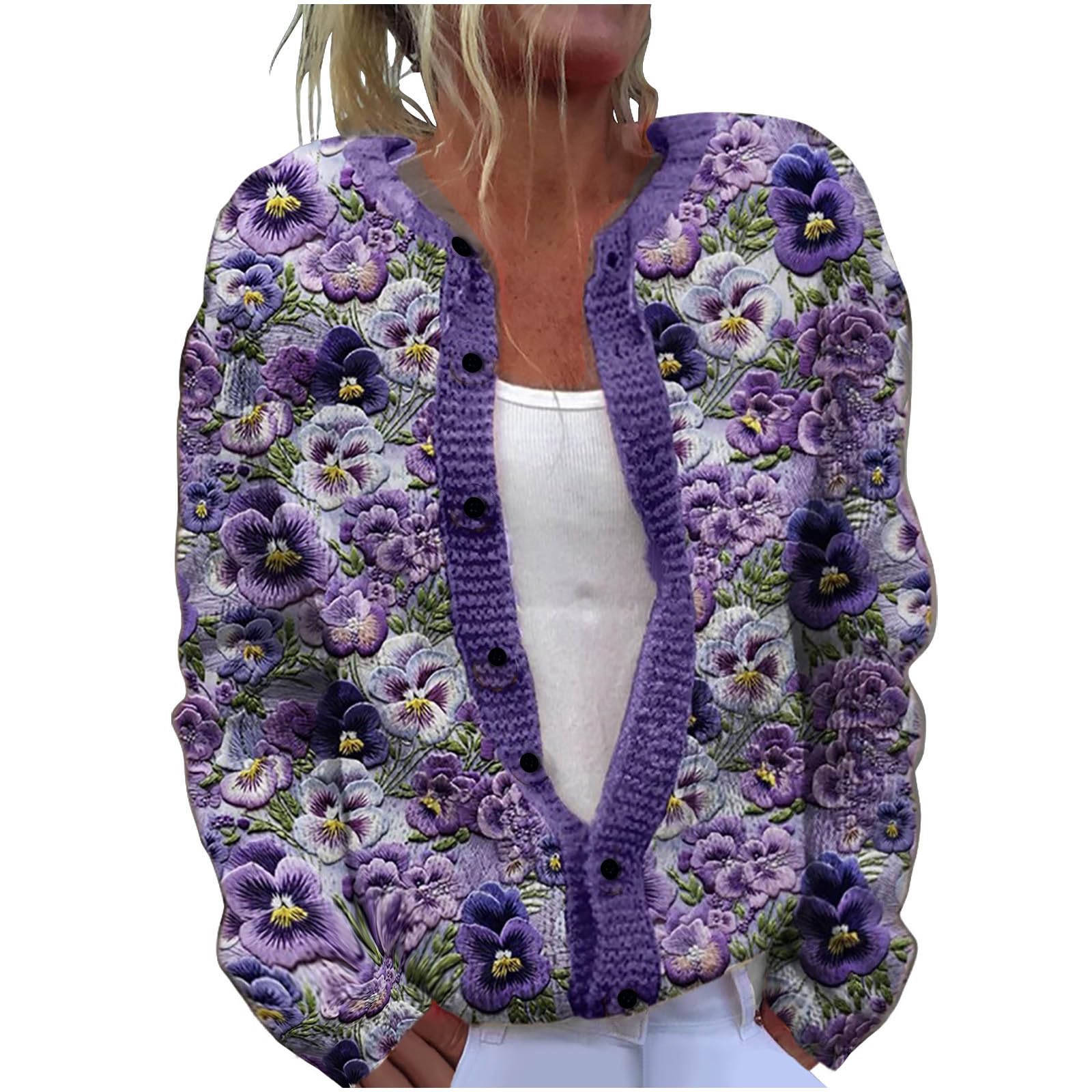 Cardigans for Women UK Plus Size S-5XL Floral Embroidered Knit Cardigan Vintage Button Front Cover Up Sweater Coat Lightweight Open Front Long Sleeve Sweaters Jacket