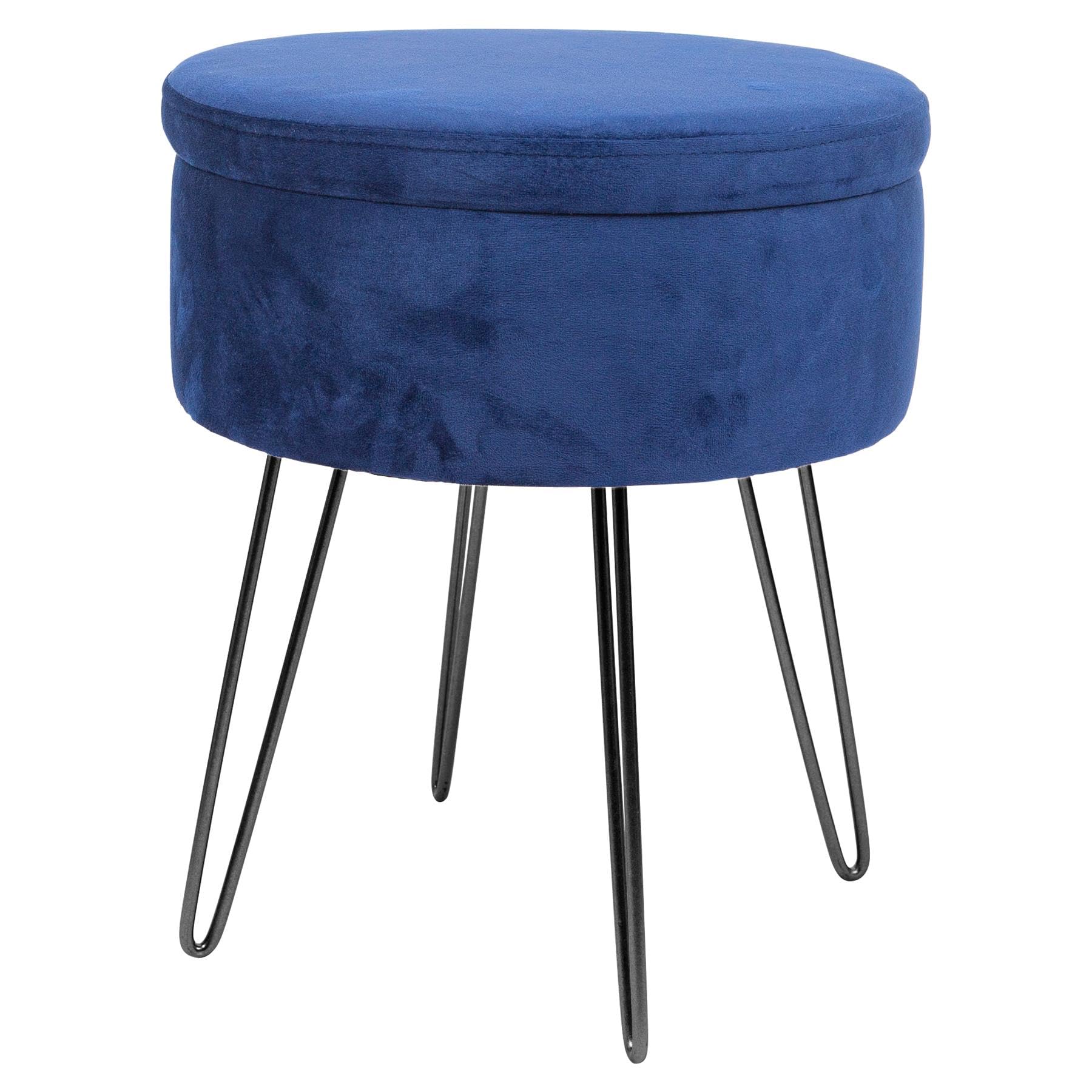 Harbour Housewares Velvet Round Foot Stool with Storage - Blue with Black Legs - Modern Dressing Table Pouffe Footstool Vanity Seats Vanity Chairs Footstools for Living Room, Bedroom