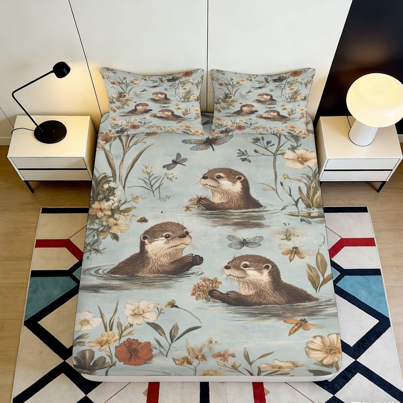 3D Printed Otter Pond Fitted Sheet Microfiber Soft Anti-Slip Floral River Bed Cover for Bedroom Guest Room Decor 90x200x25cm