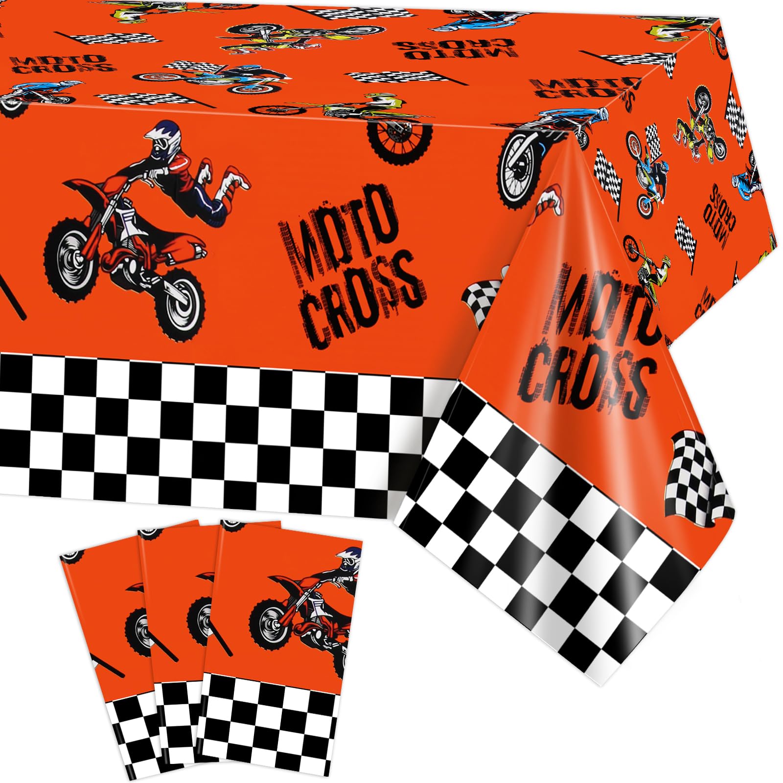 PHOGARY3 Pack Dirt Bike Birthday Party Decorations Tablecloths for Boys Men, Checkered Racing Motorcycle Disposable Plastic Rectangular Covers Motocross Moto Theme Party Favors Supplies 51x86Inch