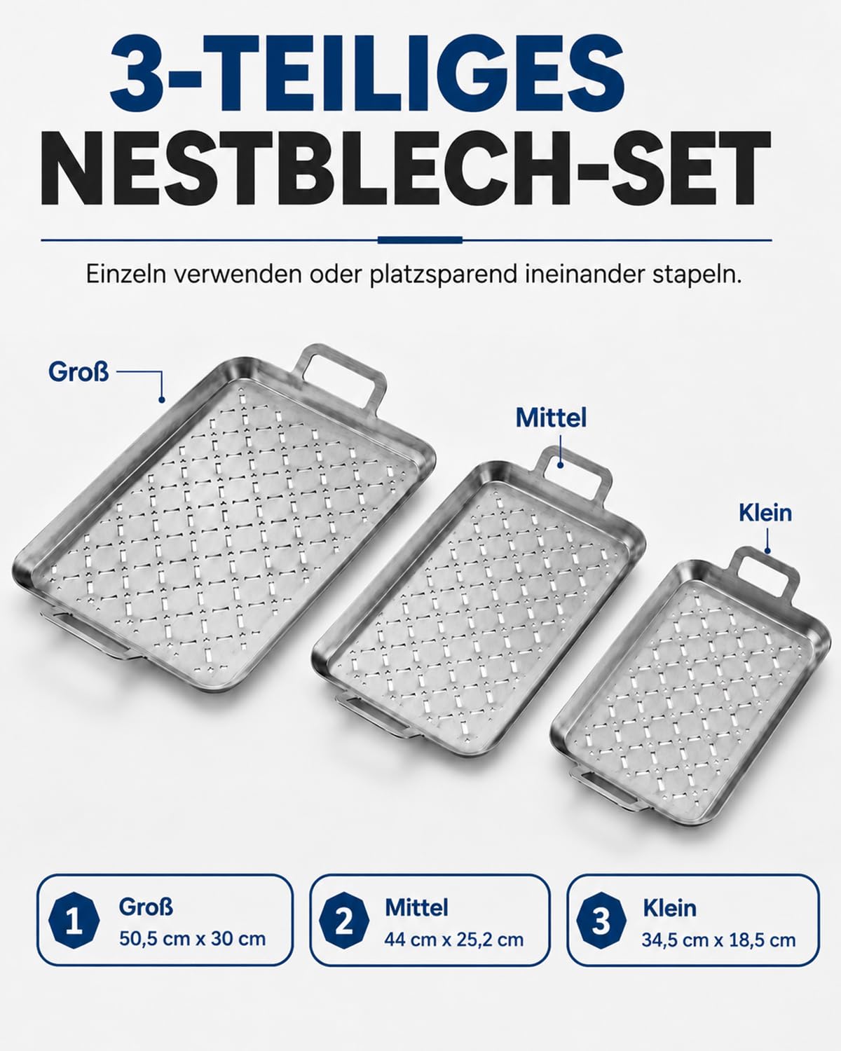 3-teiliges Set Grillpfannen aus 430 Edelstahl, gelochte Grillplatten mit Griffen für Gemüse, Fisch & Beilagen, spülmaschinengeeignet und stapelbar, passend für alle Grills