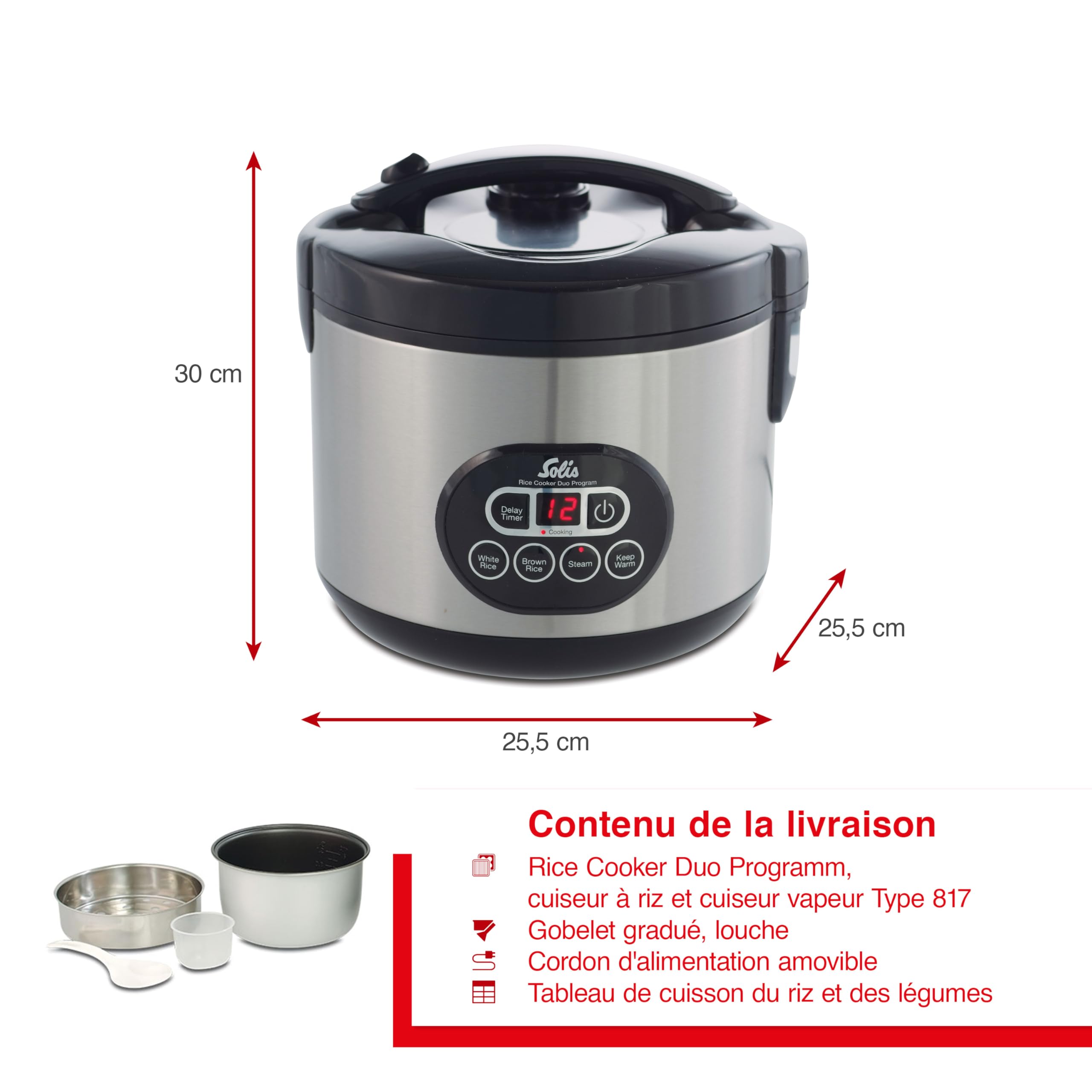 Solis Rice Cooker Duo Program Cuiseur à riz et cuiseur vapeur pour 6 tasses de riz – Convient également pour sushi riz – Minuteur – Fonction maintien au chaud – Avec verre doseur + louche – 1,2 l