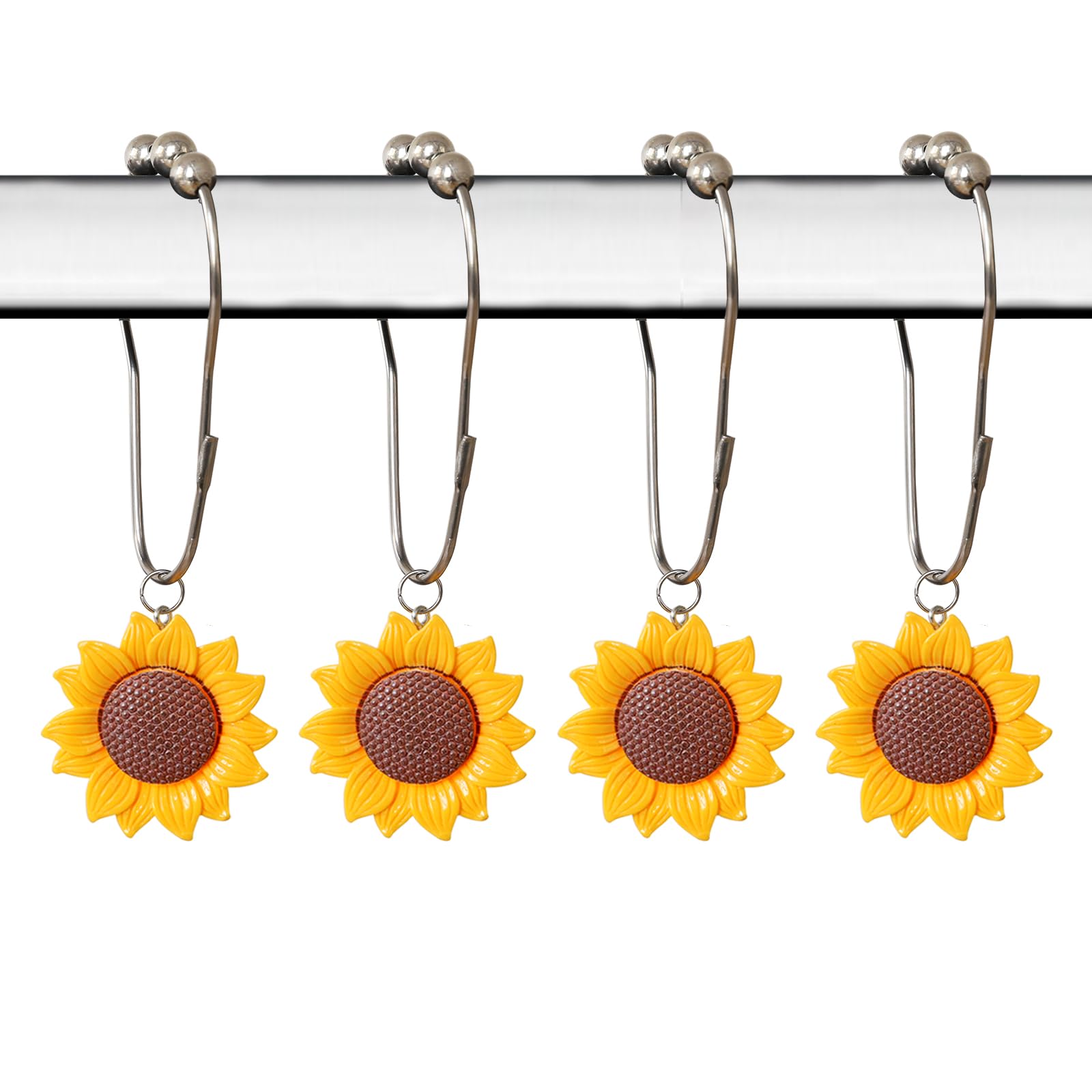 Sunflower Shower Curtain Hooks Rustproof Stainless Steel Decorative Shower Curtain Rings for Shower Rods 12 Pack (Yellow)