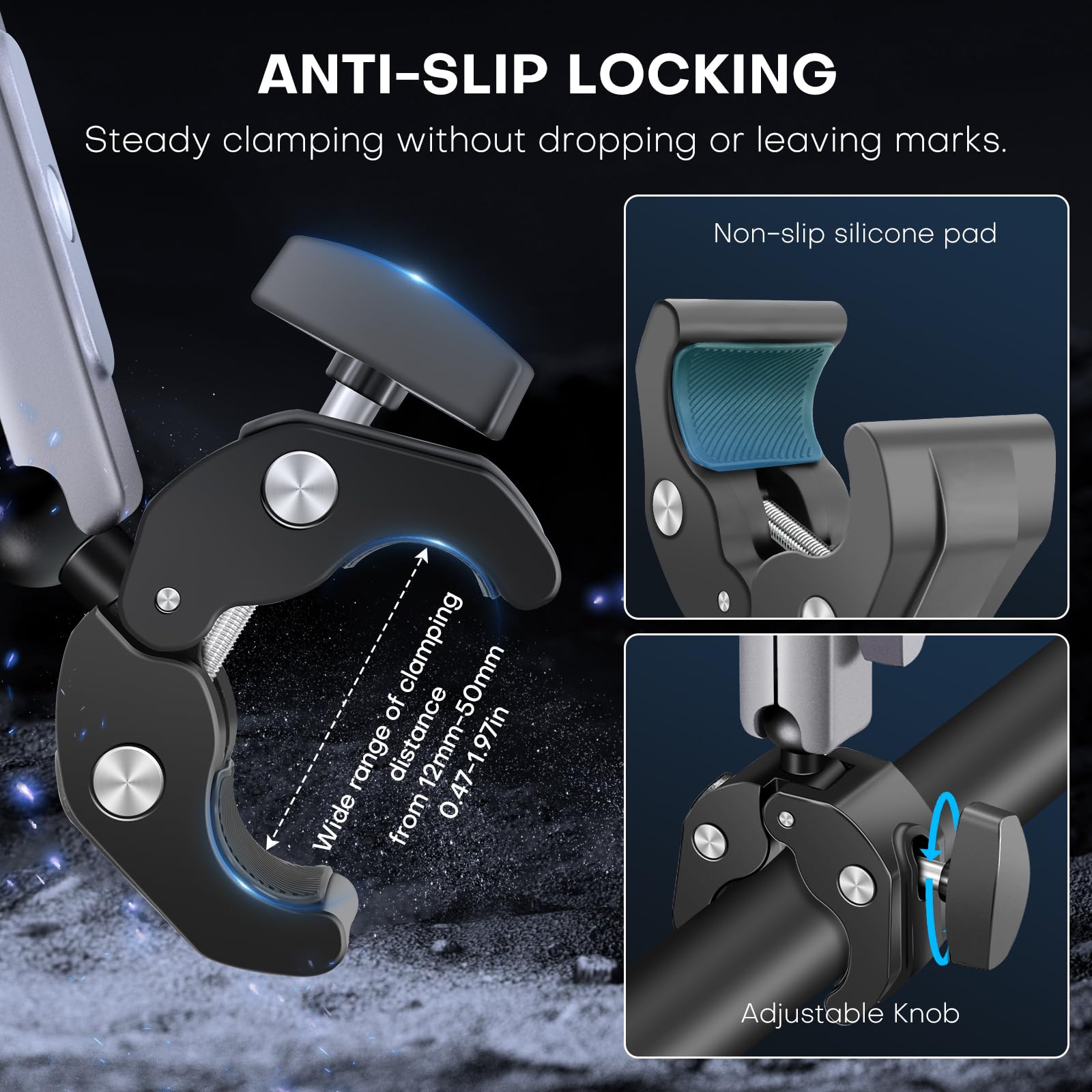 REYGEAK Supporto per fotocamera a doppia testa a sfera a 360° con viti da 1/4, supporto per manubrio per bicicletta a doppio artiglio per Gopro Max Hero 13/12/11/10/9