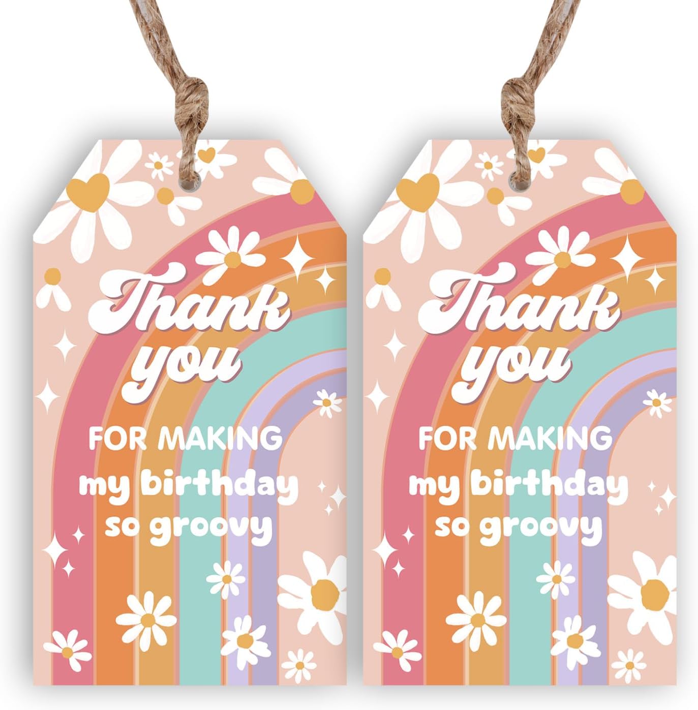 Serencatcher Groovy Thank You Tags, 50pcs Groovy Party Favors Daisy Flower Boho Rainbow Thank You for Making My Birthday So Groovy Gift Tags with String for Retro Hippie Groovy Birthday Party