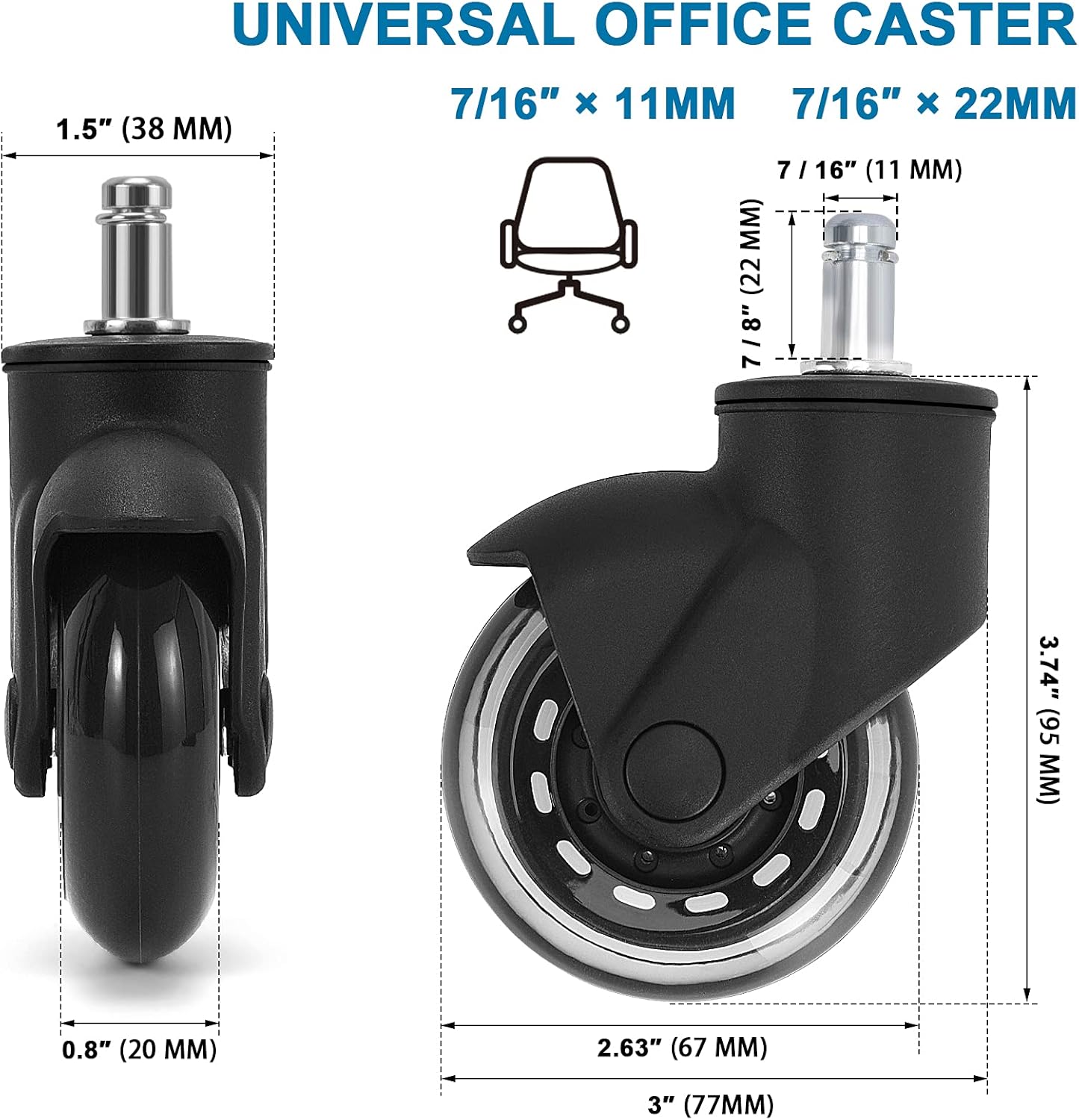 Office Chair Caster Wheels Set of 5 Universal fit Heavy Duty Chair Casters, Fit for Most Desk Chair, Computer Chair, Replacement Rubber Chair casters Perfect Safe for All Floors, Carpet, Hardwood : Office Products