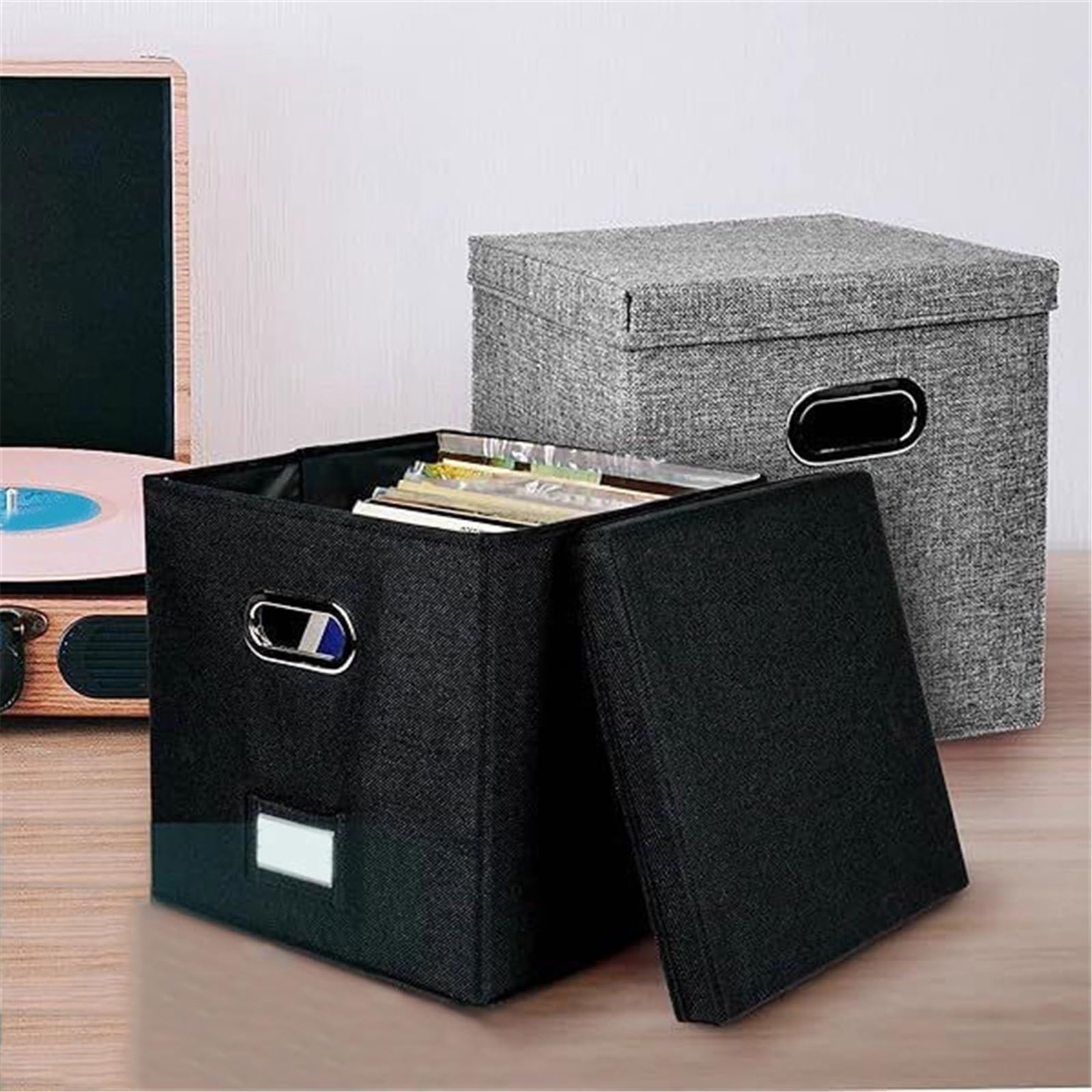 Ufficio Scatola porta dischi in vinile quadrata in tessuto di cotone e lino Scaffale porta dischi
