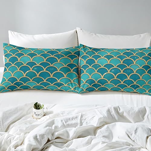 Miniatura 4 de Juego de ropa de cama de sirena con escamas de pescado verde, juego de funda de edredón tamaño individual para niños, adolescentes y niñas,