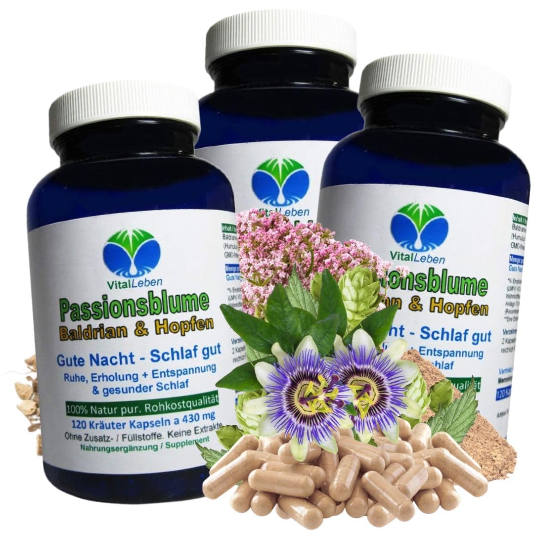 Gute Nacht SCHLAF gut natürliche Einschlafhilfe 360 (3x120) Kapseln - BALDRIAN HOPFEN PASSIONSBLUME - besser schlafen einschlafen durchschlafen gesunde erholsame Nachtruhe. OHNE Zusatzstoffe. 26690-3
