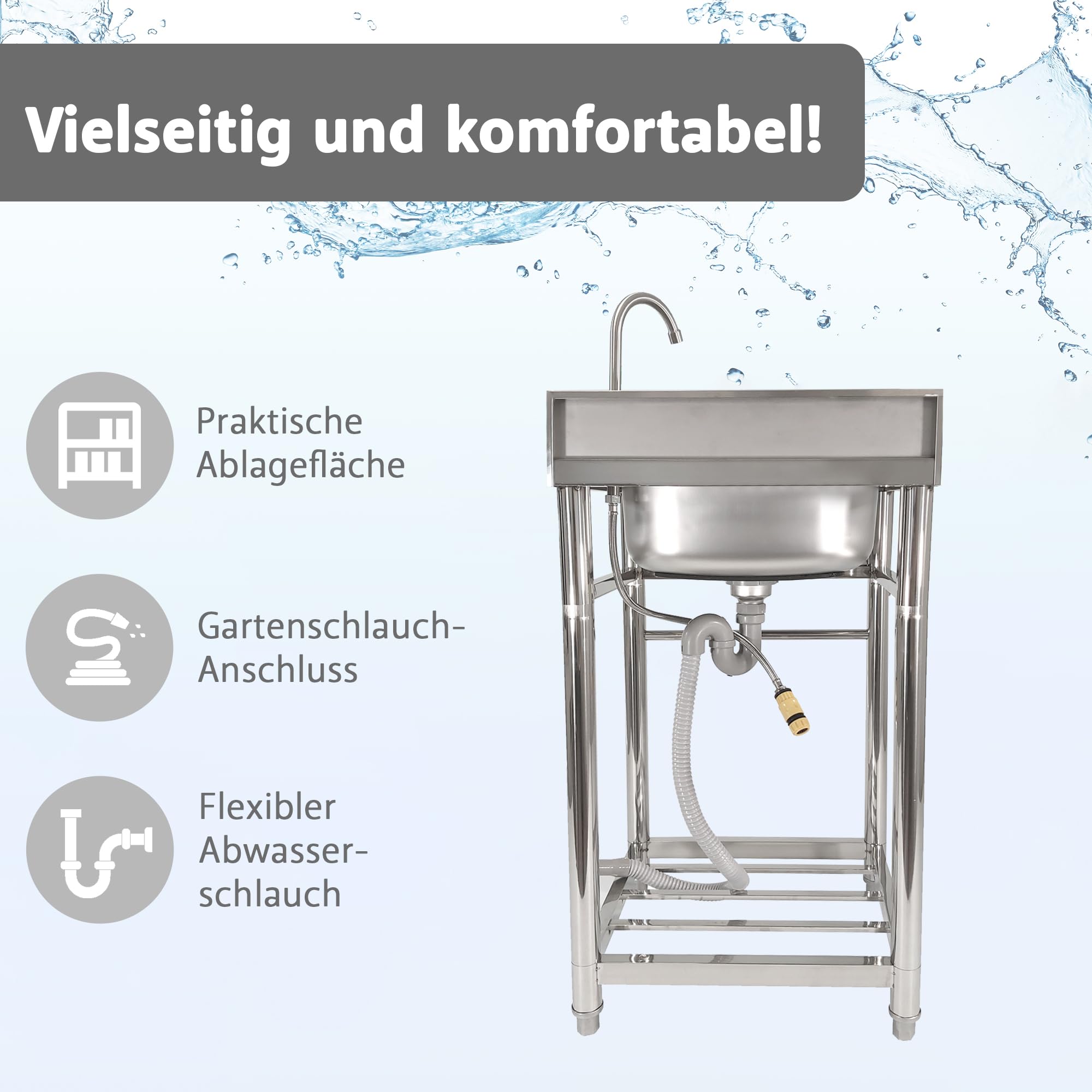 Lemodo Spültisch freistehend – Edelstahl Spültisch mit Wasserhahn, Gartenschlauch-Anschluss, mobiler Spültisch für Outdoorküche, Gastro und Camping, freistehende Küchenspüle mit Ablage