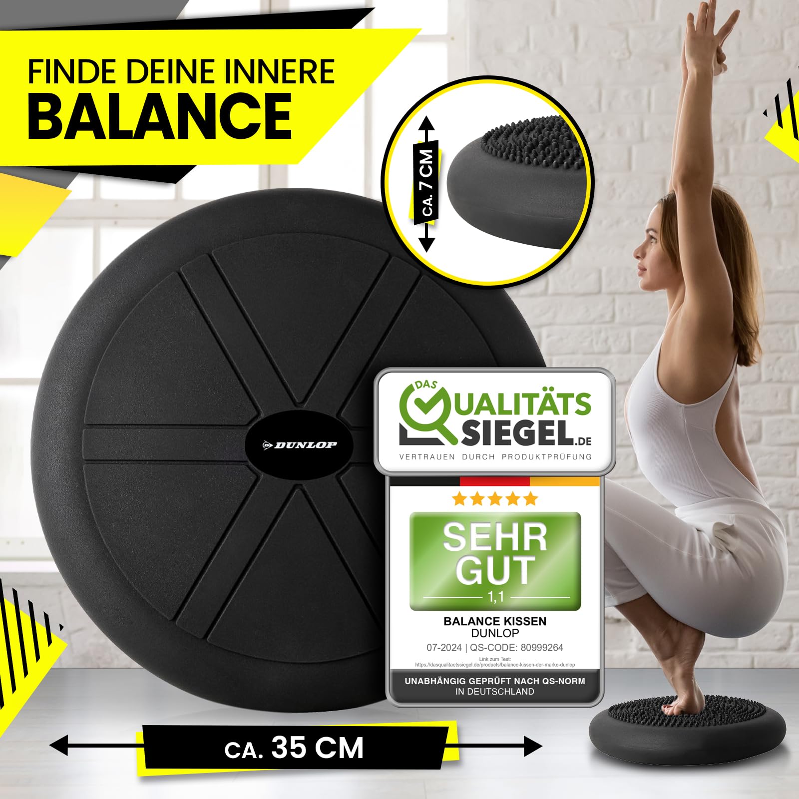 Dunlop Sports Balance Kissen Ball Sitzkissen - für einen stärkeren Rücken in Rekordzeit Premium Balancekissen mit Pumpe 35 x 7 cm orthopädisch über 450 kg belastbar Spezial Noppen, Schwarz