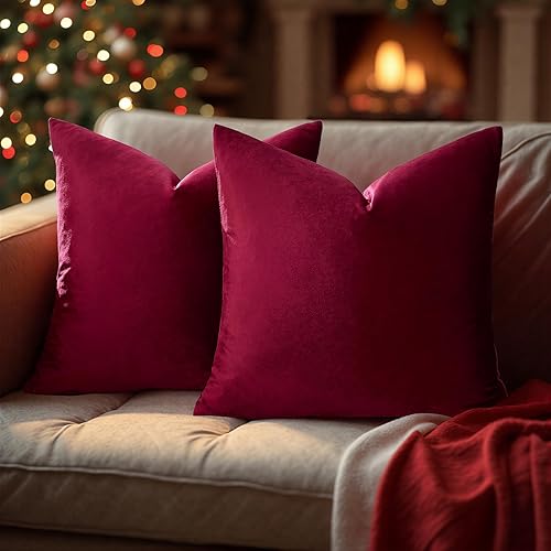 GIGIZAZA - Fundas de almohada decorativas para sofá, juego de 2 fundas de almohada de terciopelo color rojo vino, de 24 x 24 pulgadas