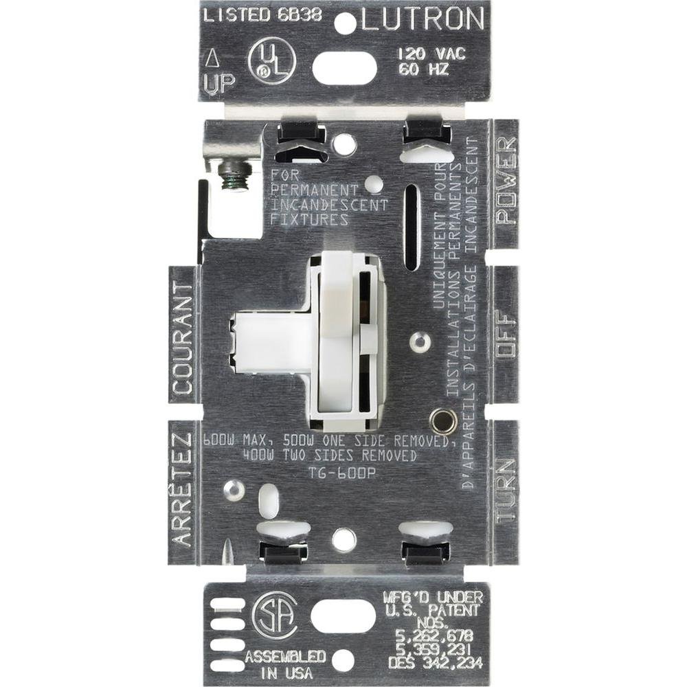 Lutron Toggler TG-600PR-WH 600-watt Single Pole Dimmer in white.