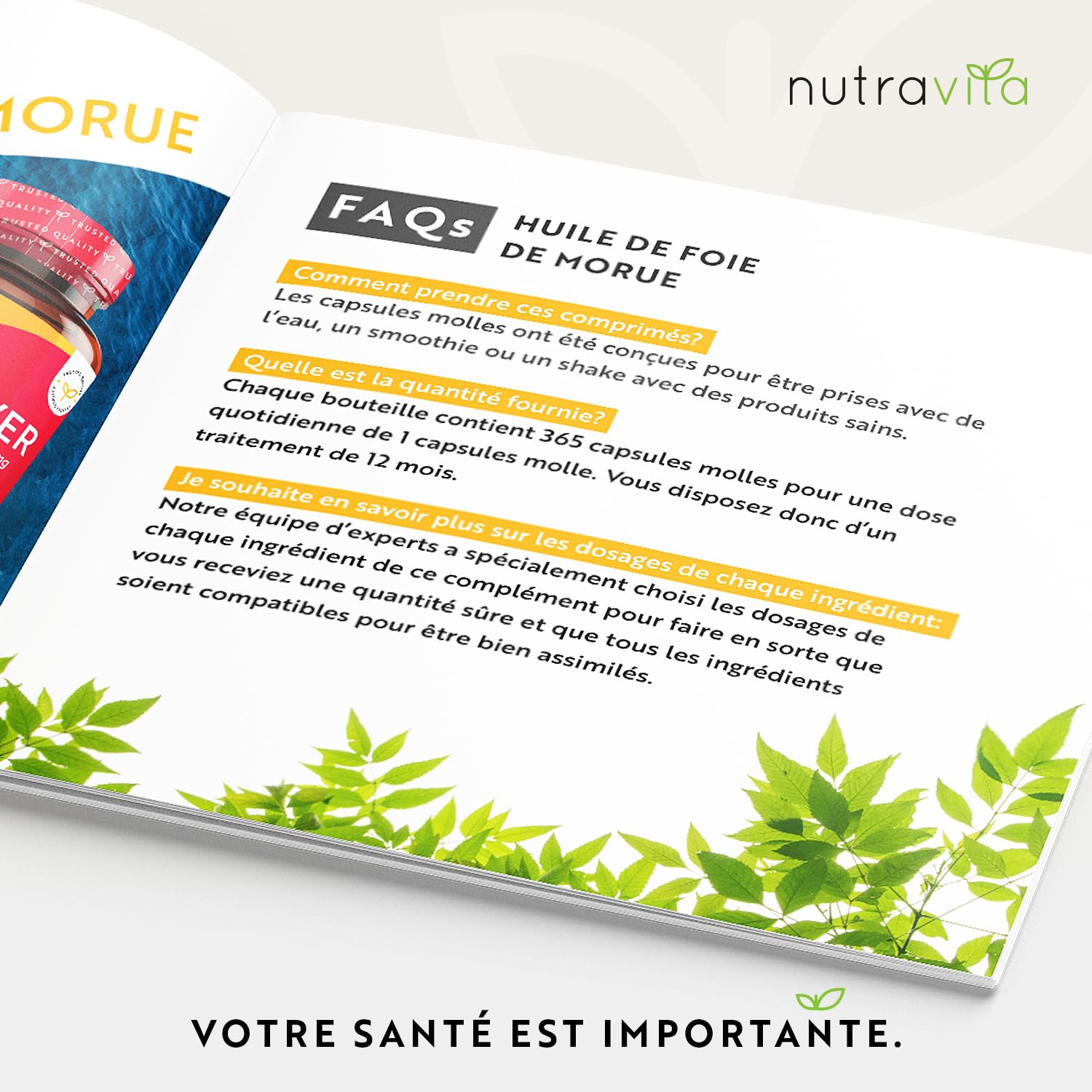 Huile de Foie de Morue 1000 mg - 365 gélules d'Huile de Poisson de qualité supérieure - Oméga 3, Vitamines A, D, E et Huile d'Ail - Soutient la santé cardiaque et cérébrale - Nutravita