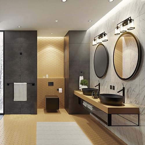 Miniatura 4 de Globe Electric 52059 - Juego de baño todo en uno de 5 piezas, negro mate, lámpara de tocador de 3 luces con pantallas de vidrio transparente,