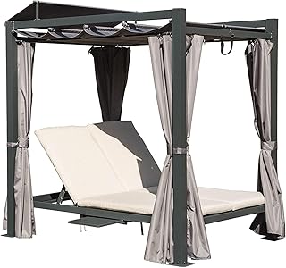 Aluminum Outdoor Patio Daybed with Retractable Canopy Bed, Double Chaise Lounge Outdoor Grey Curtain with Beige Cushion & Cup Holder, for Outside Pool,Garden,Backyard,Lawn - Buy now