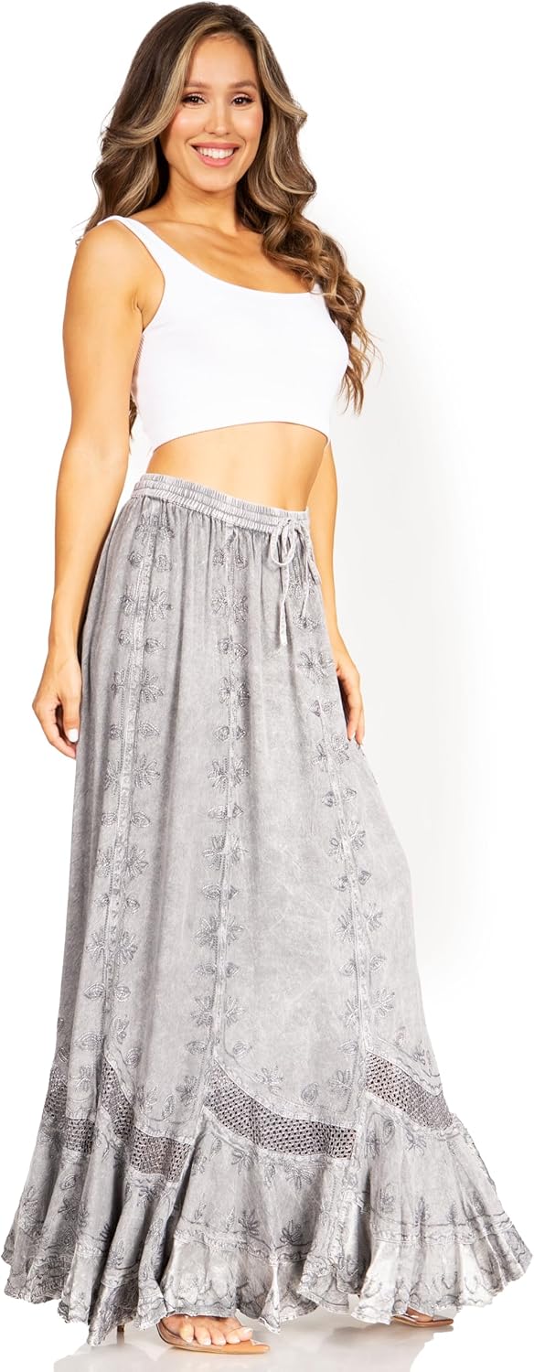 Sakkas Ivy Second Women's Maxi Boho Elastic Waist Embroidered A Line Long Skirt