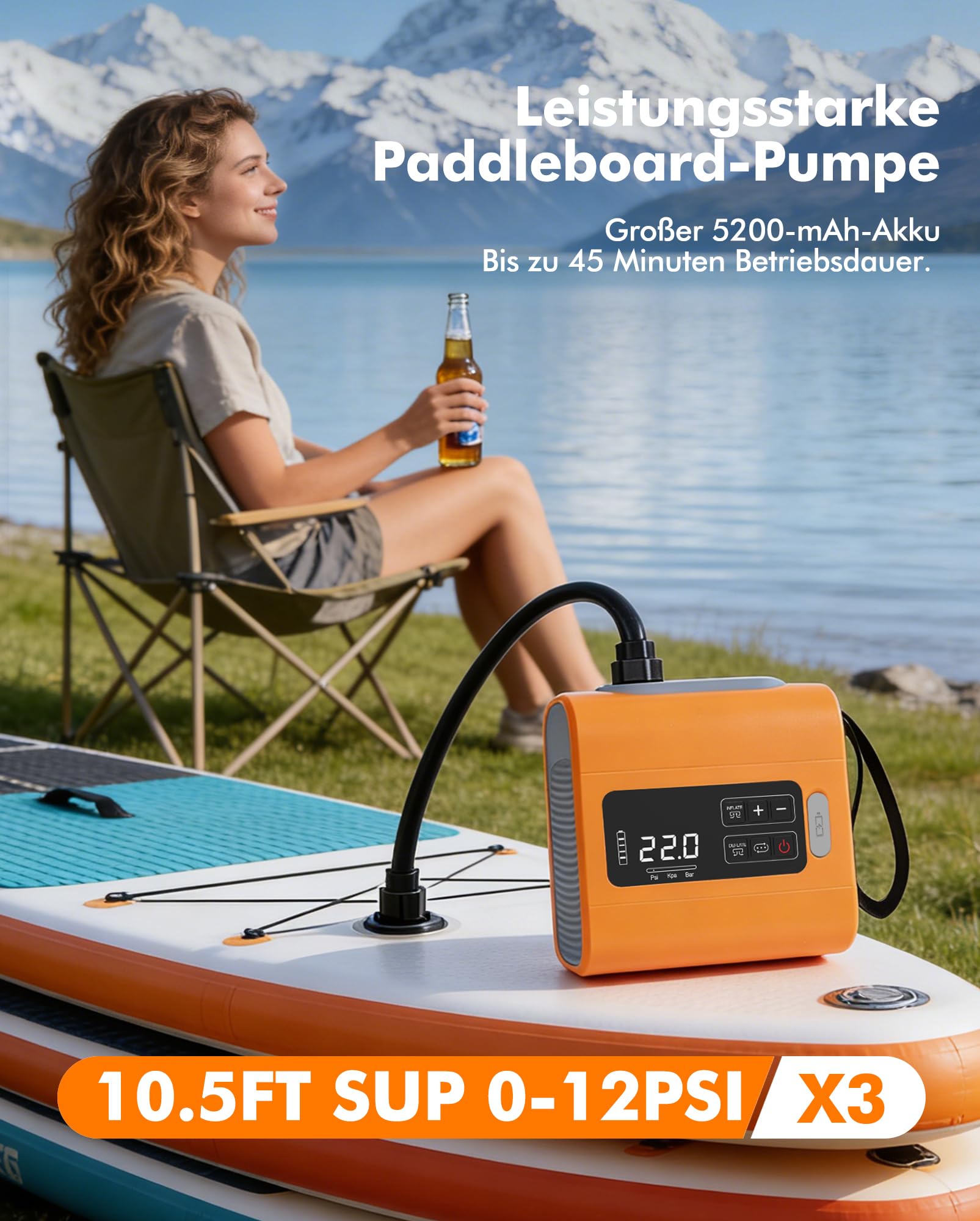 AKSOUL SUP Pumpe Elektrische Akku 22PSI: Wiederaufladbare Sup Motor Luftpumpe mit Sanddicht-Design für Stand Up Paddle Board Luftmatratze Camping Zelt Schlauchboot