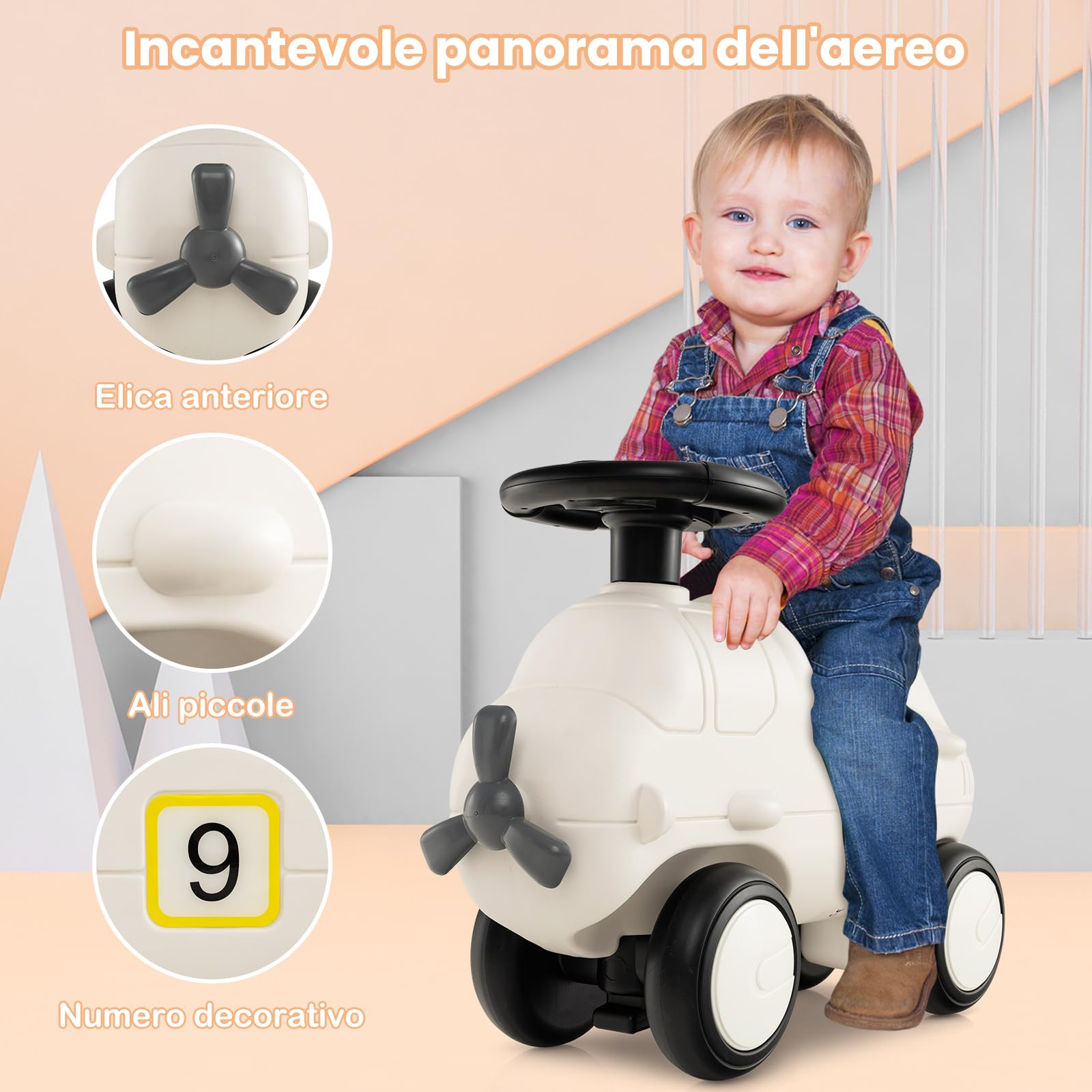 COSTWAY Macchinina Cavalcabile a Spinta per Bambini, Macchina Giocattolo a Forma di Aereo, Veicolo da Guidare con Piedi e Sterzo Flessibile e 4 Ruote, Ideale per Bambini 18-72 Mesi