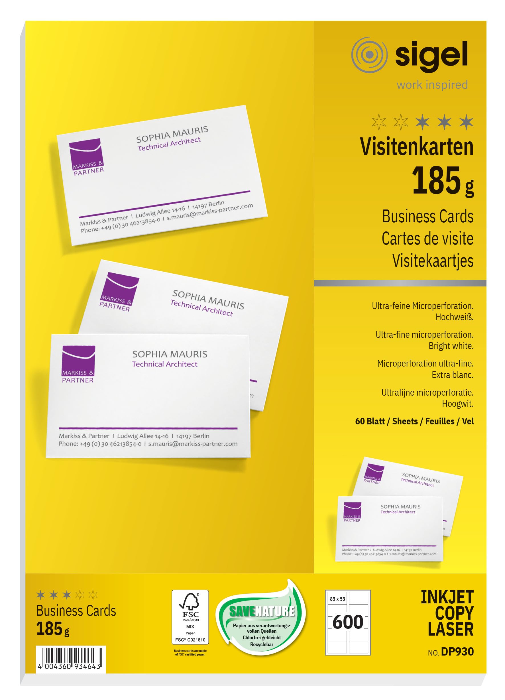 Sigel Business Cards 185 Gsm White Pack Of 60 Sheets Of 10 Cards