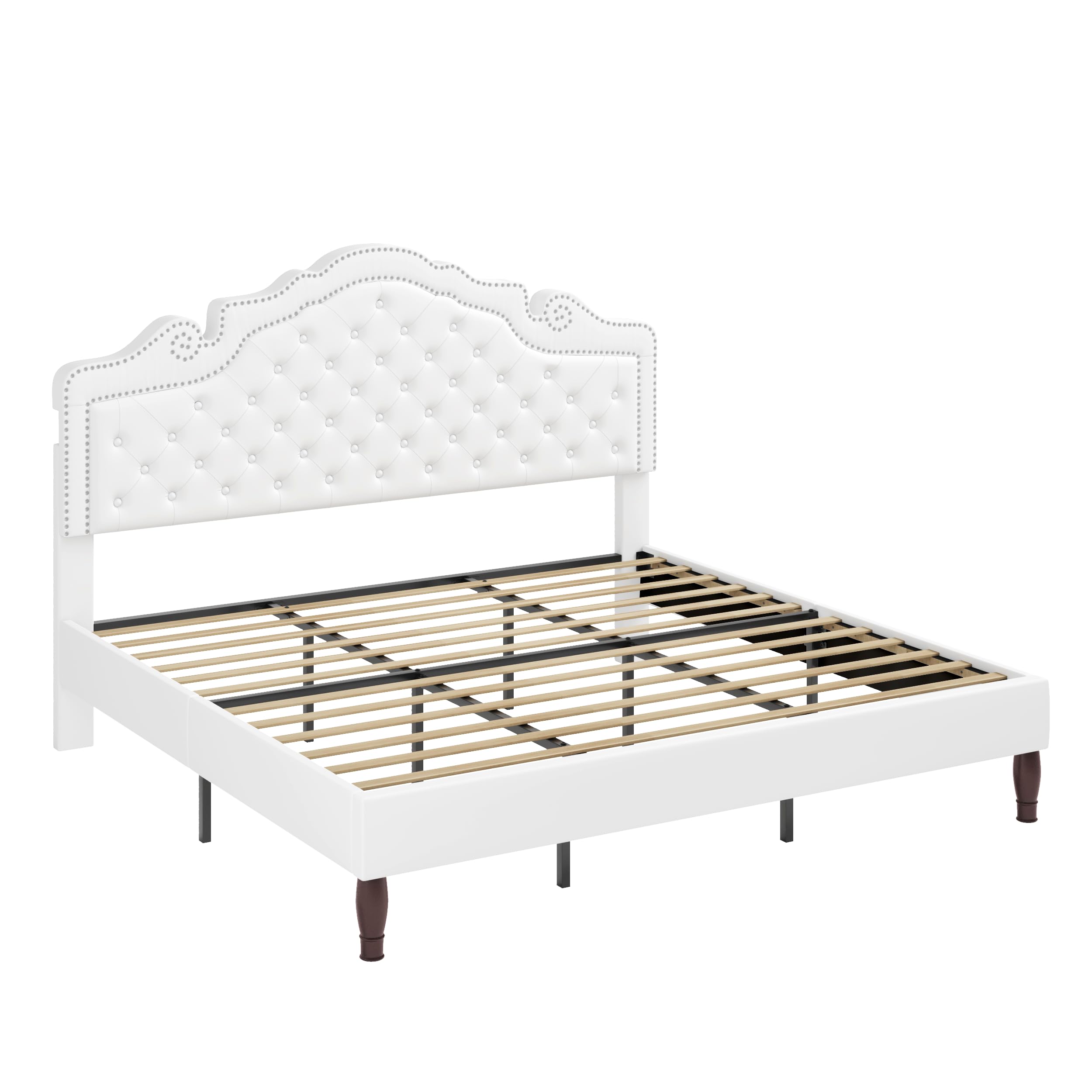 Allewie King Bed Frame with Adjustable Velvet Tiara Headboard, Upholstered Diamond Button Tufted Platform Bed, Wood Slats Support, No Box Spring Needed, Mattress Foundation, Easy Assembly, Black: White King