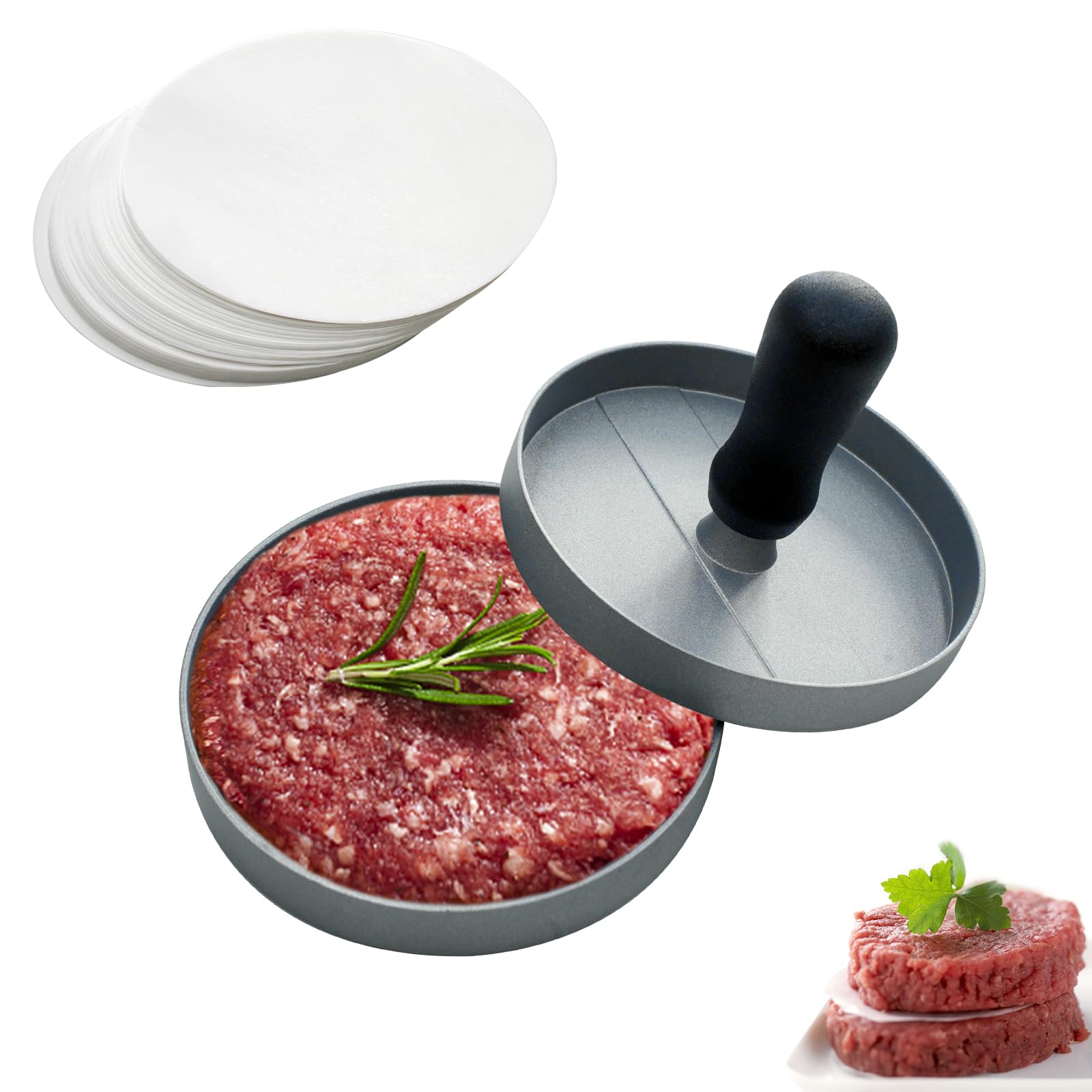 Hamburger Patty Press for Burger Making with 200 Patty Papers, Light Weight Aluminum and Zinc Material, DIY Rice Ball Sandwich Burger Making Tool