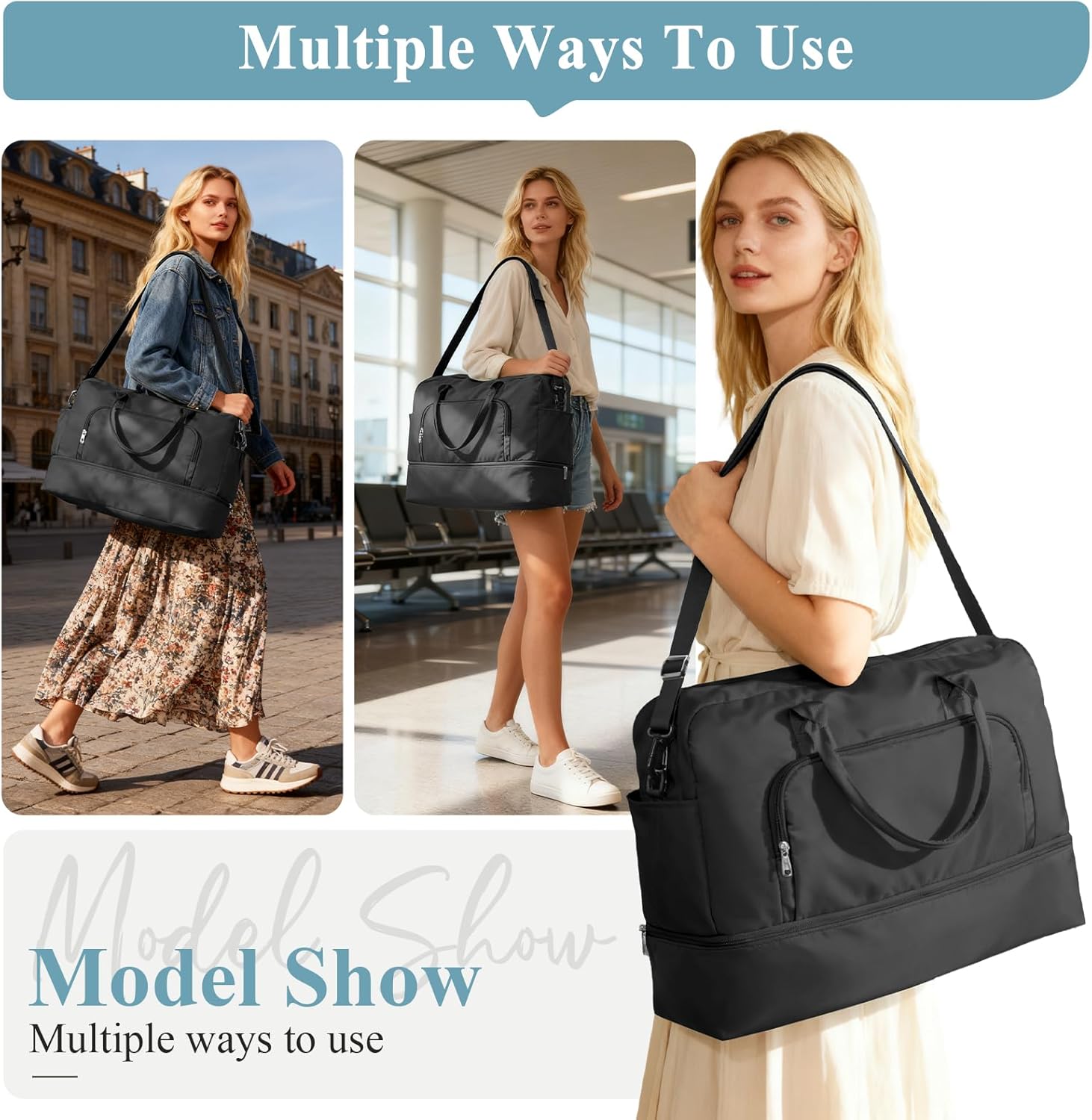 Weekender Bags for Women, Travel Duffel Overnight Carry On Weekend Bag with Shoes Compartment,Black - Image 8