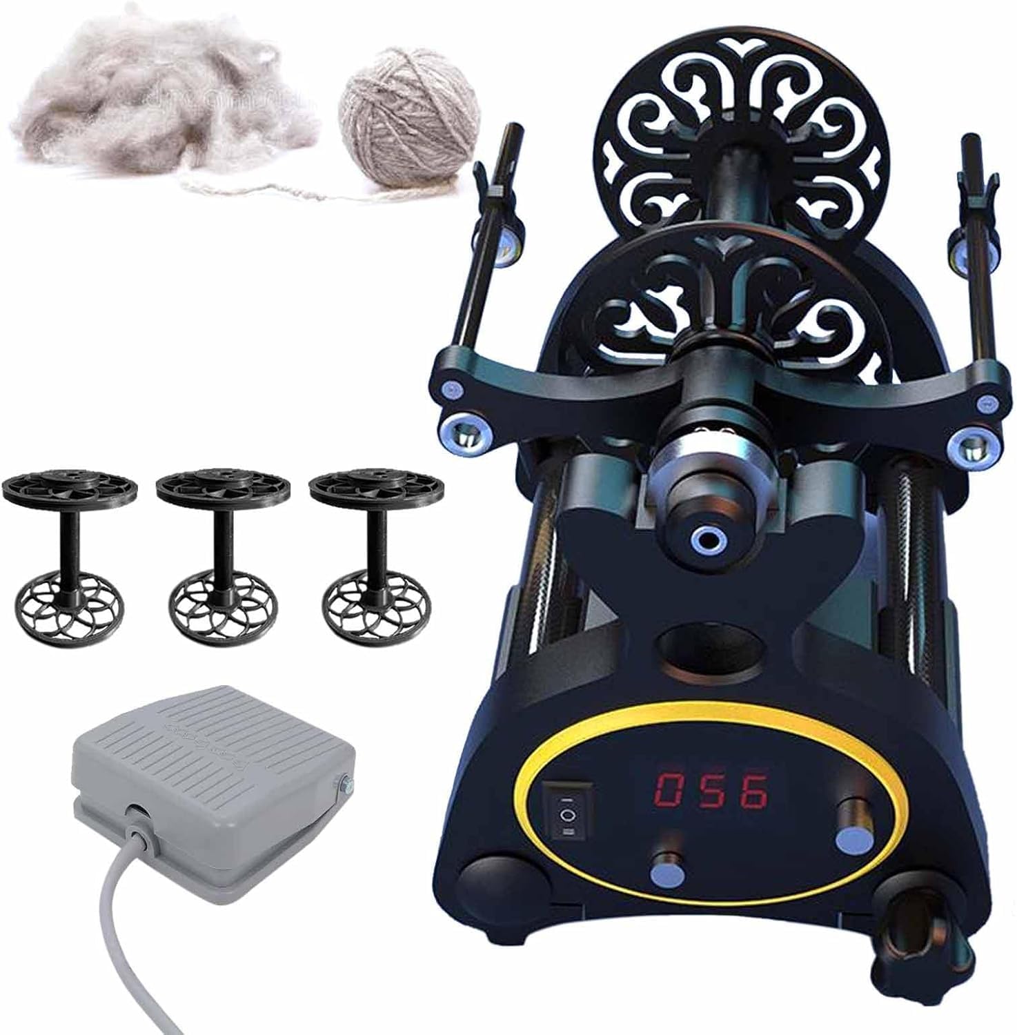 Rueda giratoria eléctrica digital con interruptor de pie, capacidad de 8 onzas, control de velocidad continuo, adelante/atrás, 3 carretes, perfecta para manualidades de lana