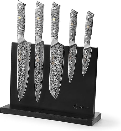 Miniatura 10 de Wakoli Juego de cuchillos de chef de Damasco con bloque magnético – Juego de bloque de cuchillos de cocina profesional de 5 piezas, cuchillas