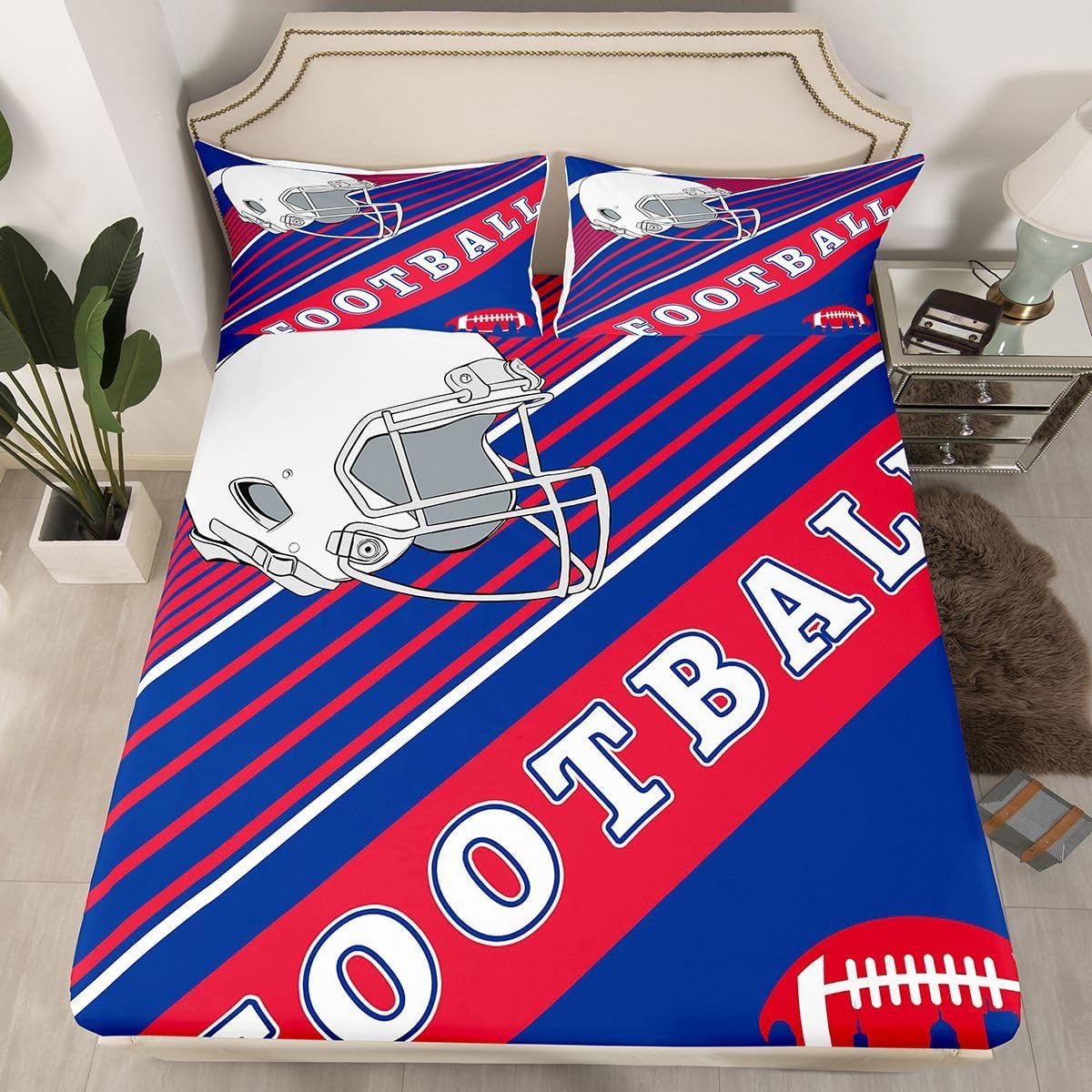 Erosebridal Boys Sheets Gridiron Sheet Set Blue and Red Rugby Game Helmet Bed Sheets Set Football Sports Seasonal Flat Fitted Sheet with 2 Pillowcases, Queen