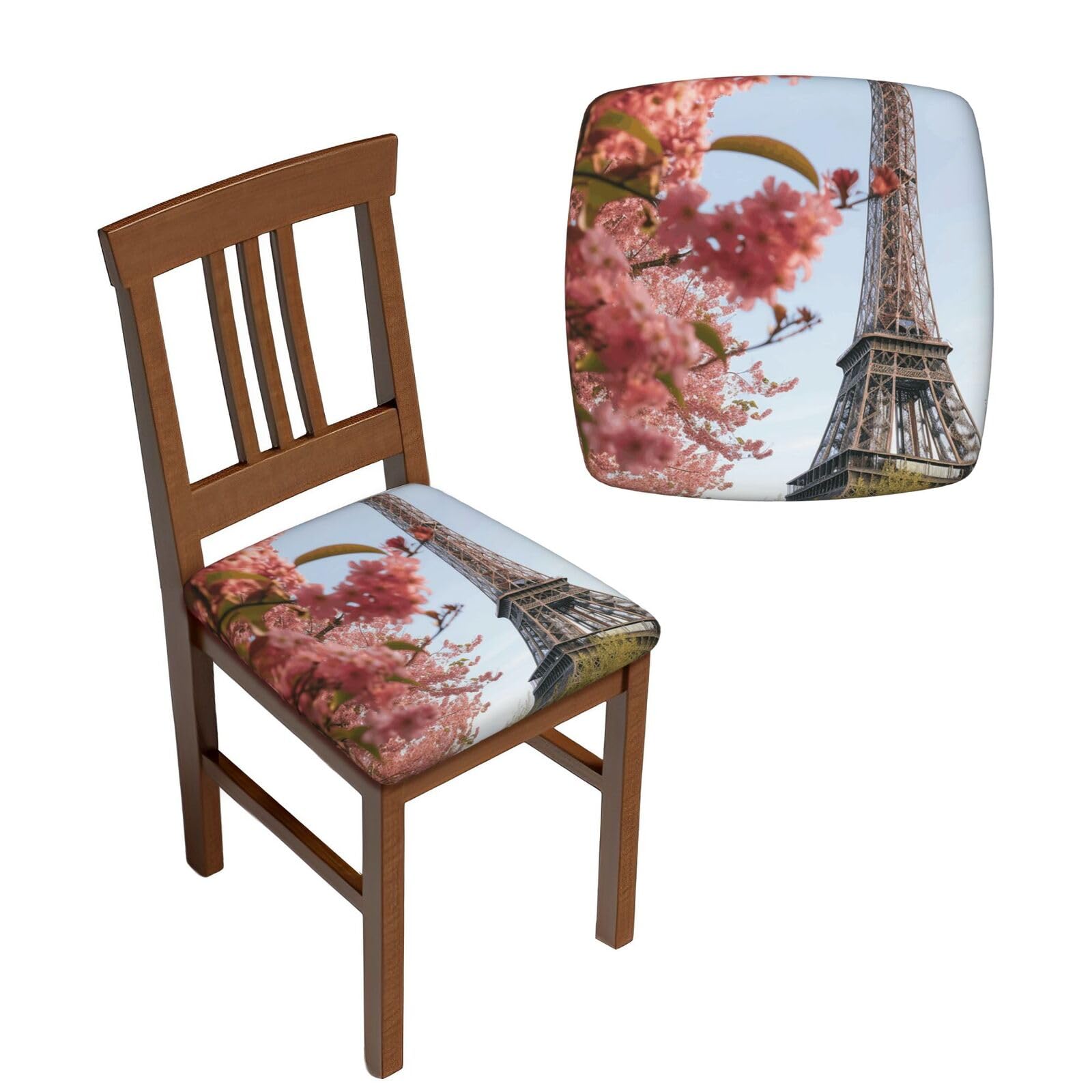 NONHAI 6PCS Dining Chair Seat Covers Set Paris Eiffel Tower Flower Stretch Removable Chairs Covers Washable Seat Cushion Slipcovers Protector for Dining Room Kitchen Chairs