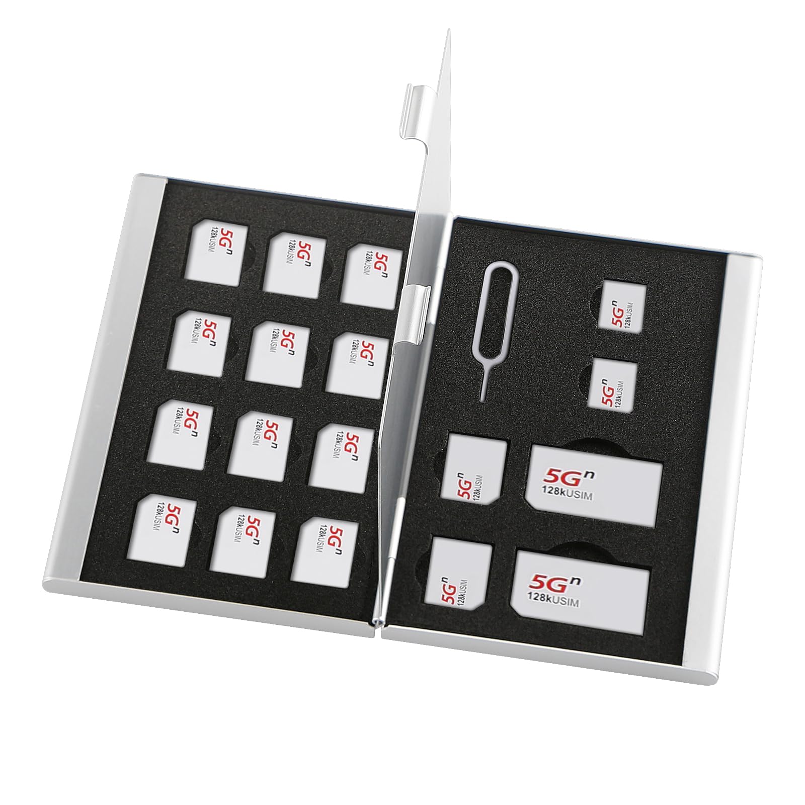 Aluminum SIM Card Case, 19Slots Ultrathin SIM Card Holder, Fit for 2 SIM Card, 14 Micro sim Card, 2 Nano sim Card and 1 Cell Phone Eject Pin Slots,