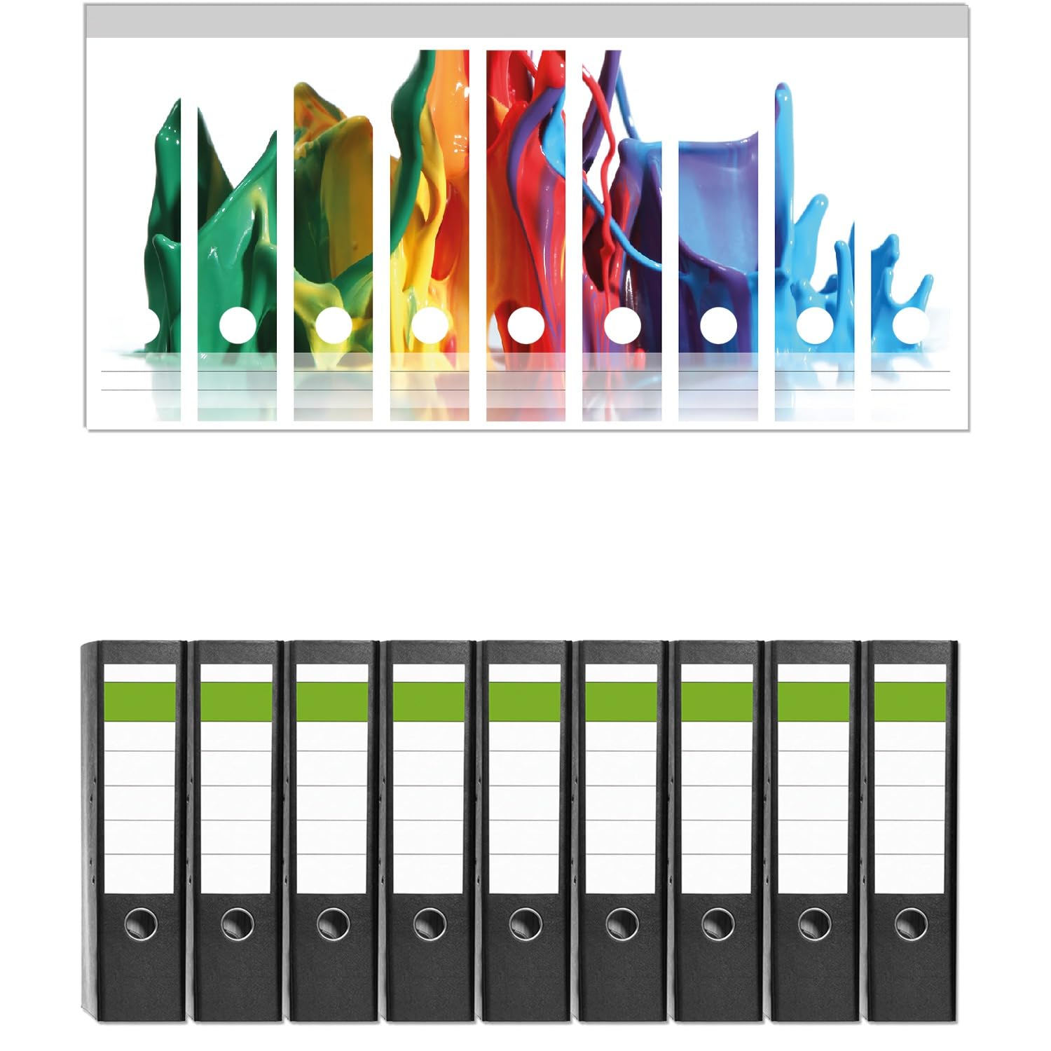 Wallario 9 Stück breite Ordner inkl. Klebeetiketten mit Motiv Farbklecks von Links - Bunte Farben auf Abwegen - Set mit Rückenschildern/Ordnerrücken Stickern