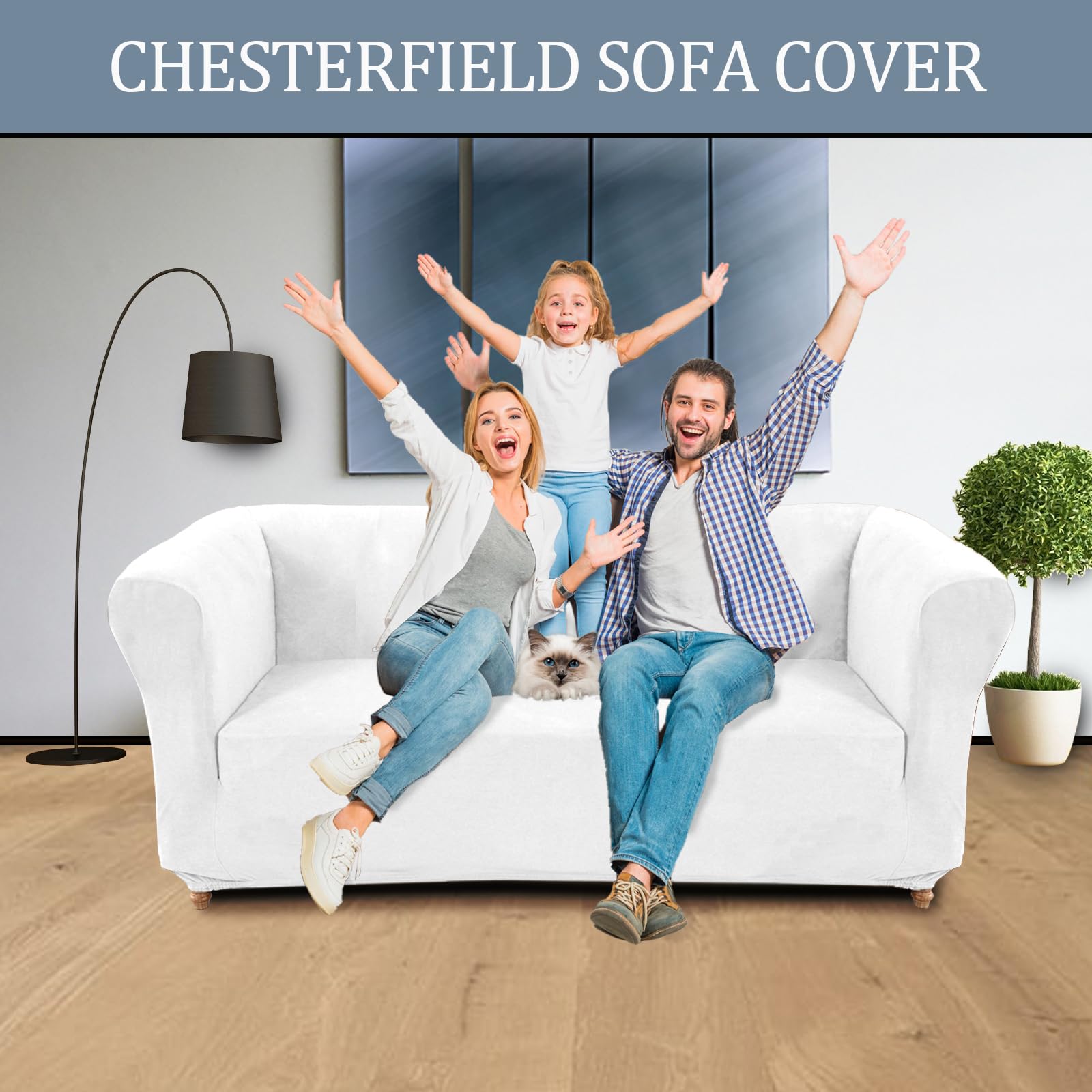 SYLC Terciopelo Funda Sofa Elastica, Capas Sofa Chesterfield con Fundas De Cojín para Asiento, Cubierta Protector para Settee Curvada Vintage (White,Sofa)