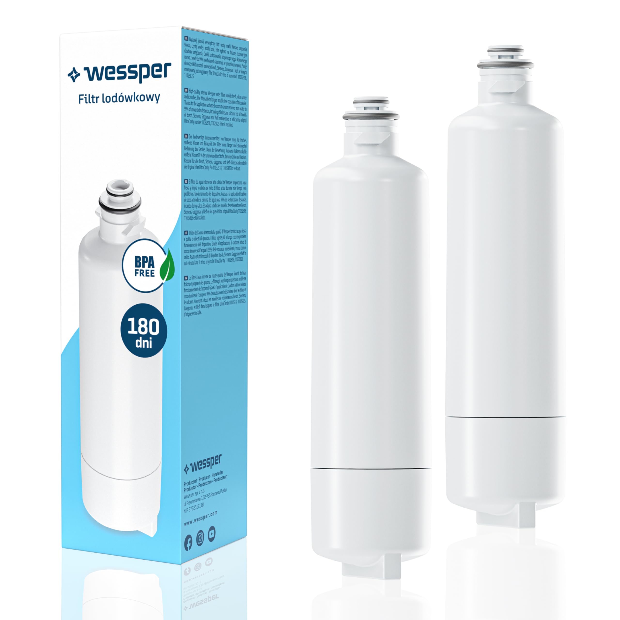 Wessper Filtro de agua para frigorífico, repuesto filtro de agua Ultra Clarity Pro 11032518, 11025825, compatible con frigorífico Bosch, Gaggenau, Neff y Siemens - 2 piezas