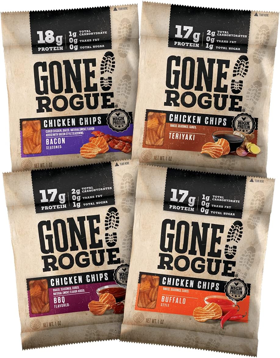 Gone Rogue High Protein Chips, Low Carb, Gluten Free, Keto Friendly Snacks - Variety Pack, 8 pack, 4 Flavors: Chicken Bacon, Buffalo Style Chicken, Teriyaki Chicken & BBQ Chicken