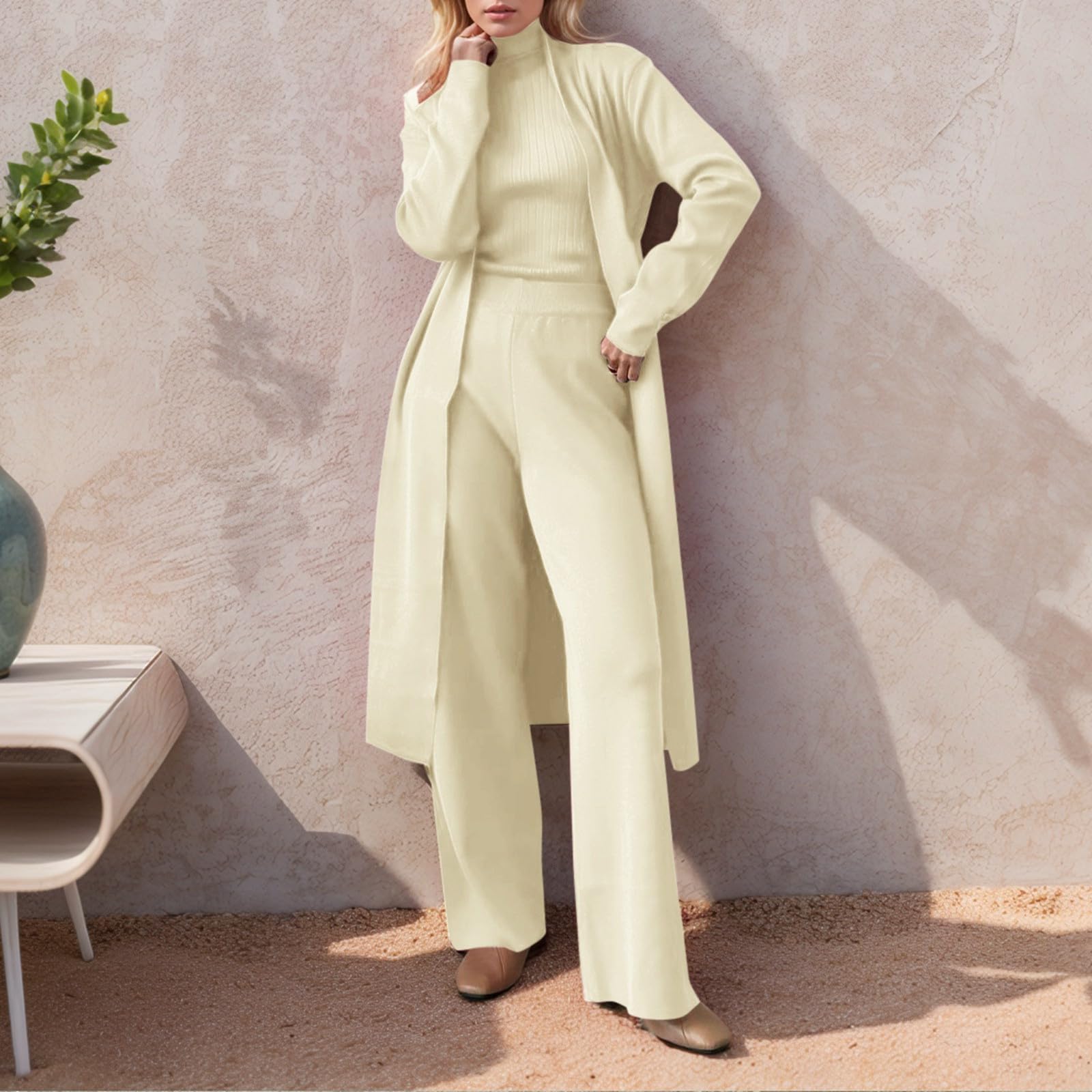 Printemps Femme Cardigan Pull Pantalon Ensemble Trois Pièces Mode Survêtement Ensemble Tricoté