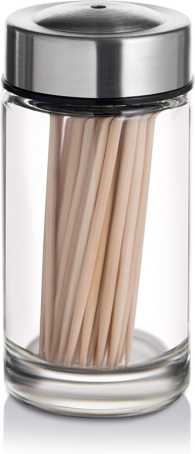 Chefoh Toothpicks Holder Stainlesssteel Cover and Clear Glass Holder Sturdy