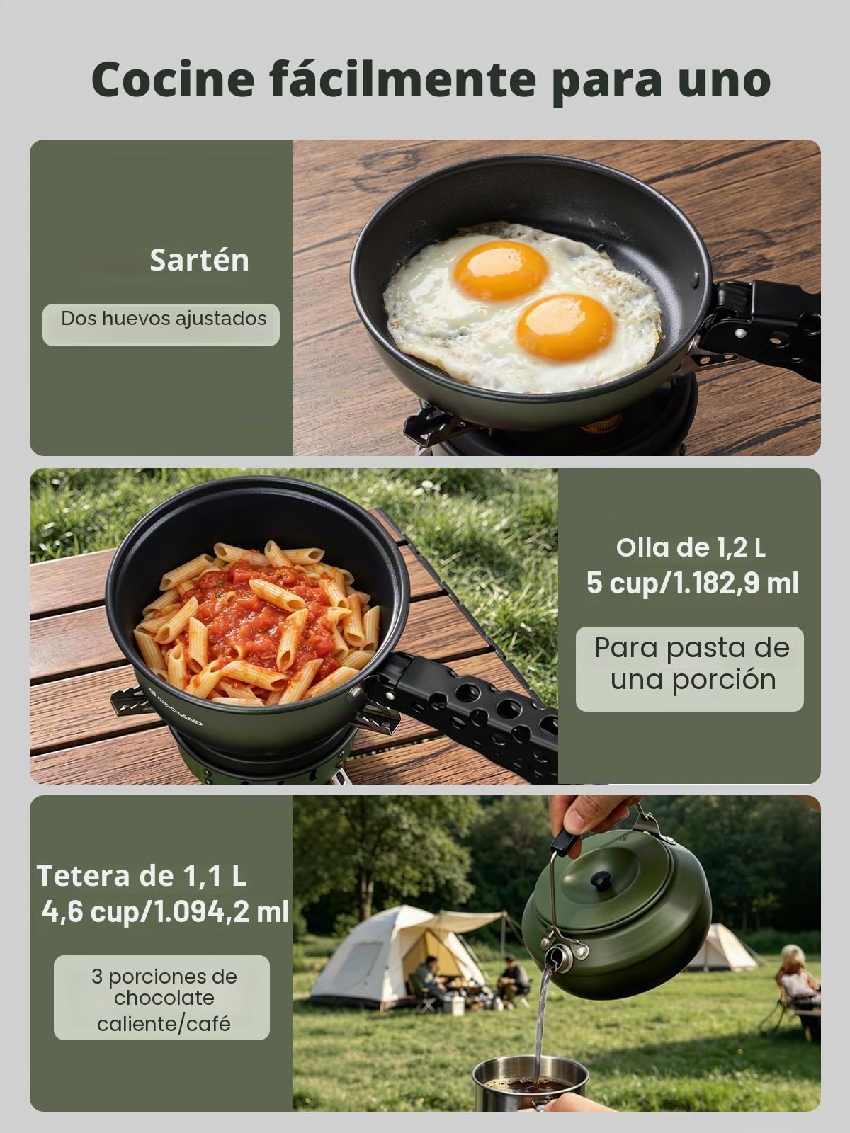Odoland Juego de 5 Utensilios de Cocina para Camping, antiadherentes, Ligeros, con un Mango extraíble, mochileros, Camping, Senderismo y Picnic, Color Verde