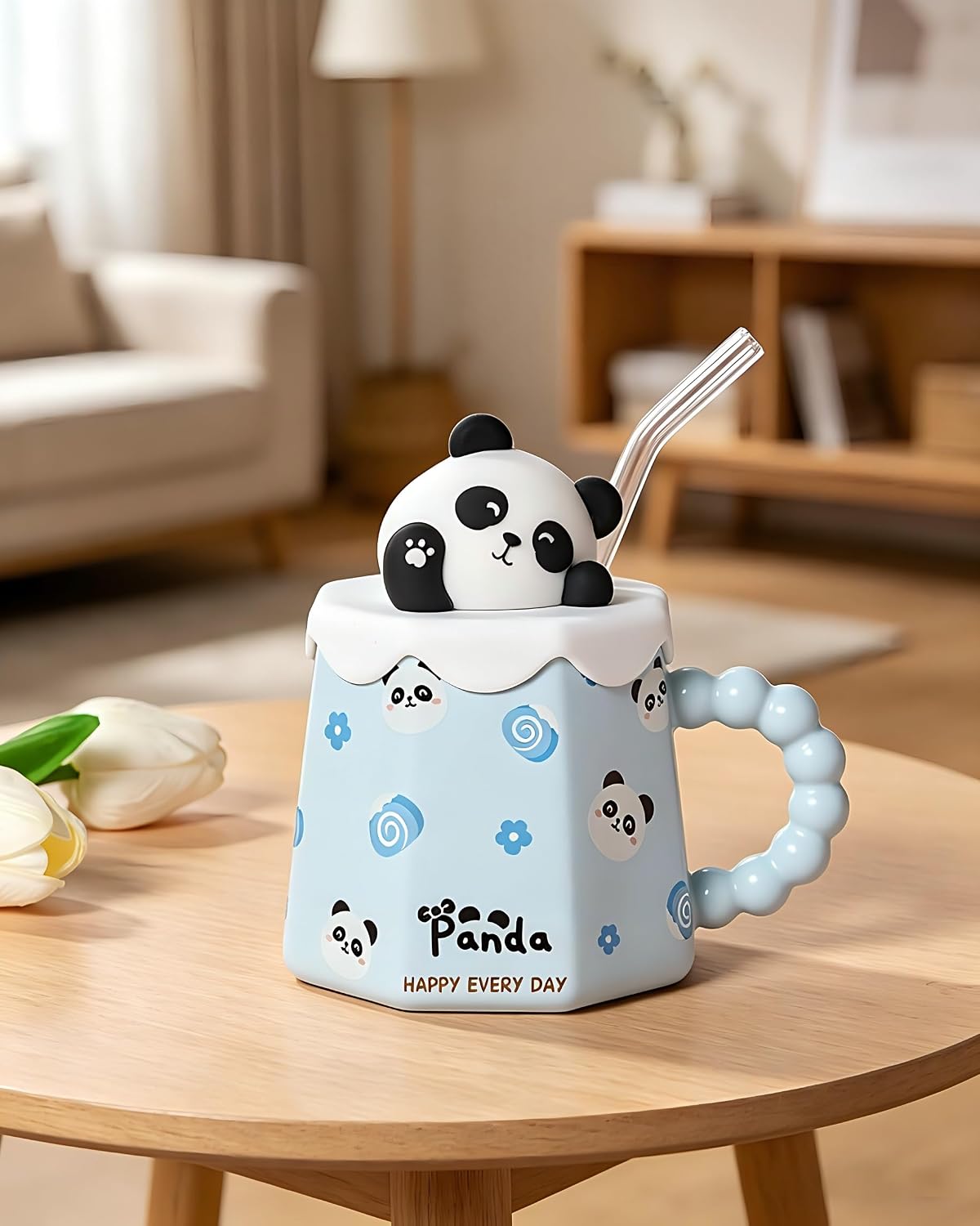 14 Oz Kawaii Ceramic Tea Coffee Cup Mugs w/Straw Animal Stuff -Blue - Panda image 3