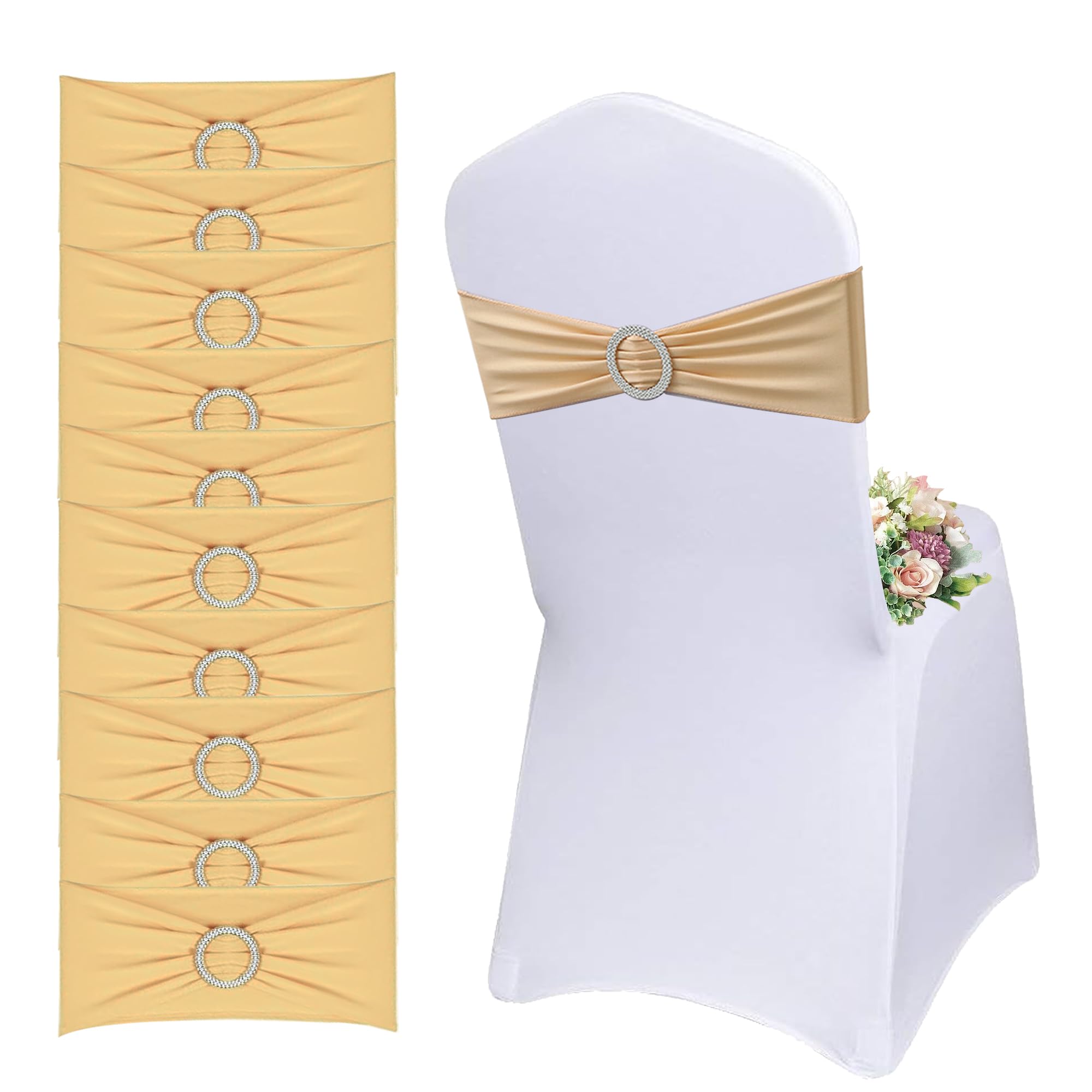 Lot de 50 Écharpes De Chaise Élastiques avec Boucle Ronde - Housse de Chaise et Ceinture Extensible Décoration pour Mariage, Banquet, Fête, Réception, Fête d'anniversaire (Champagne Or)