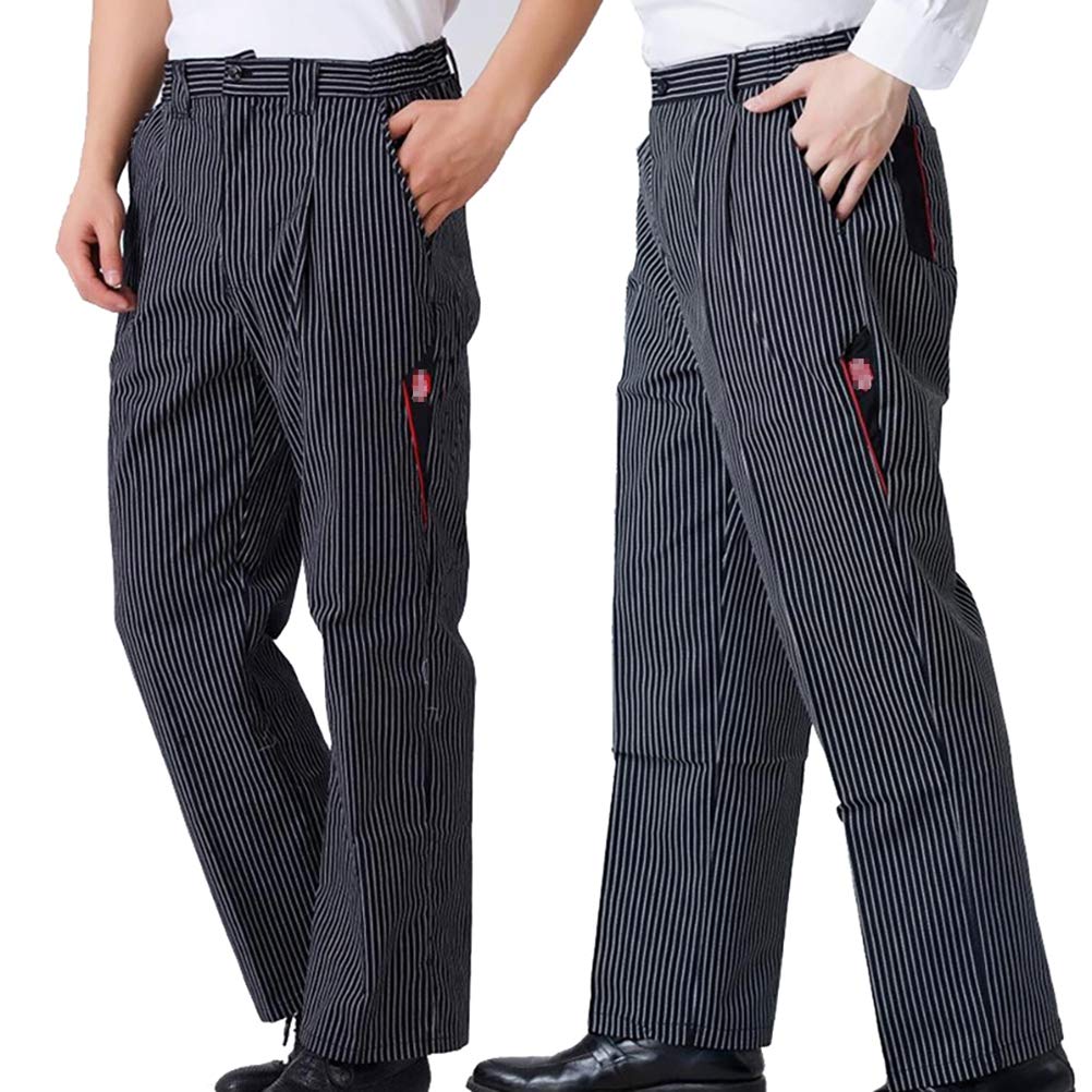 Xinwcang Men's Mc Black White Stripes| Semi Elastic Chef Pants Trousers Striped Hotel Kitchen Elastic Waist Catering Work Uniform - Xl